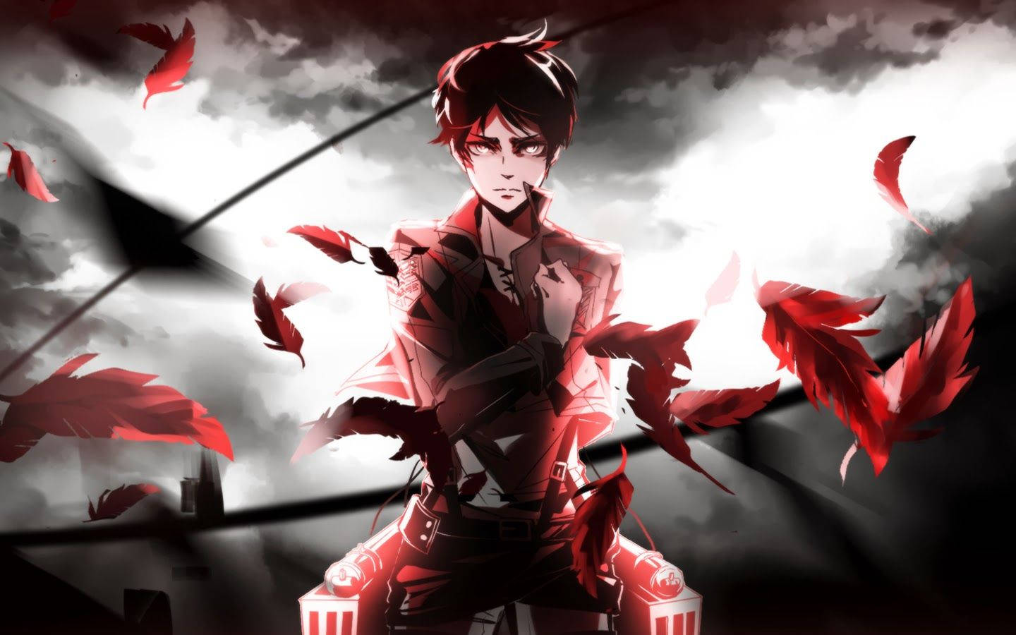 Eren Jaeger, un soldat curajos și erou al seriei anime TV Atacul Titanilor, salută sfidător Fundal