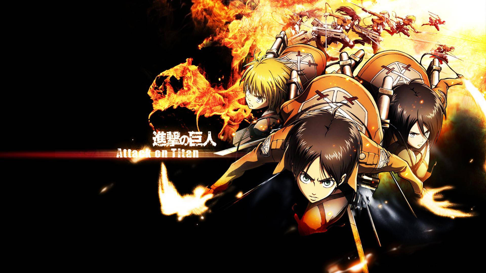 Eren, Mikasa și Armin din anime-ul Atacul Titanilor Fundal