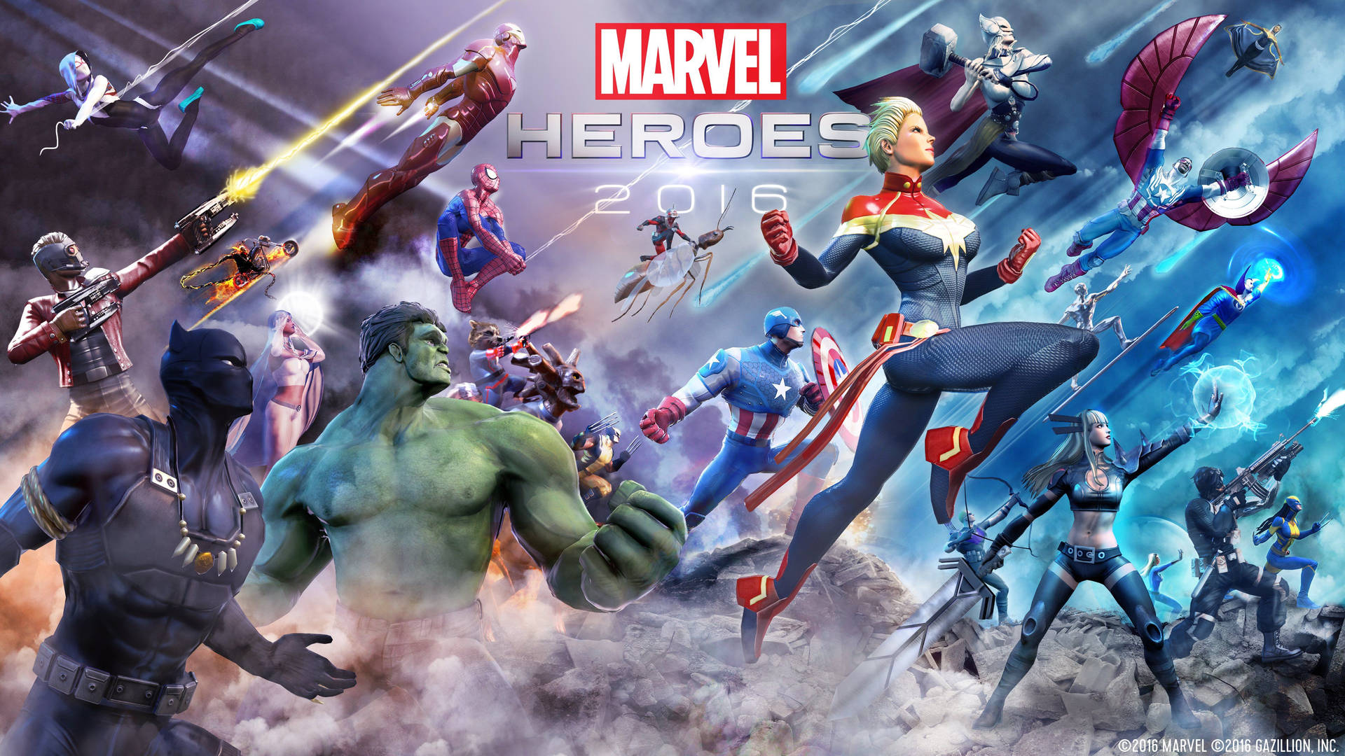 Supereroii Marvel 2016 privind în sus în timp ce atacă inamicii. — Marvel Fundal
