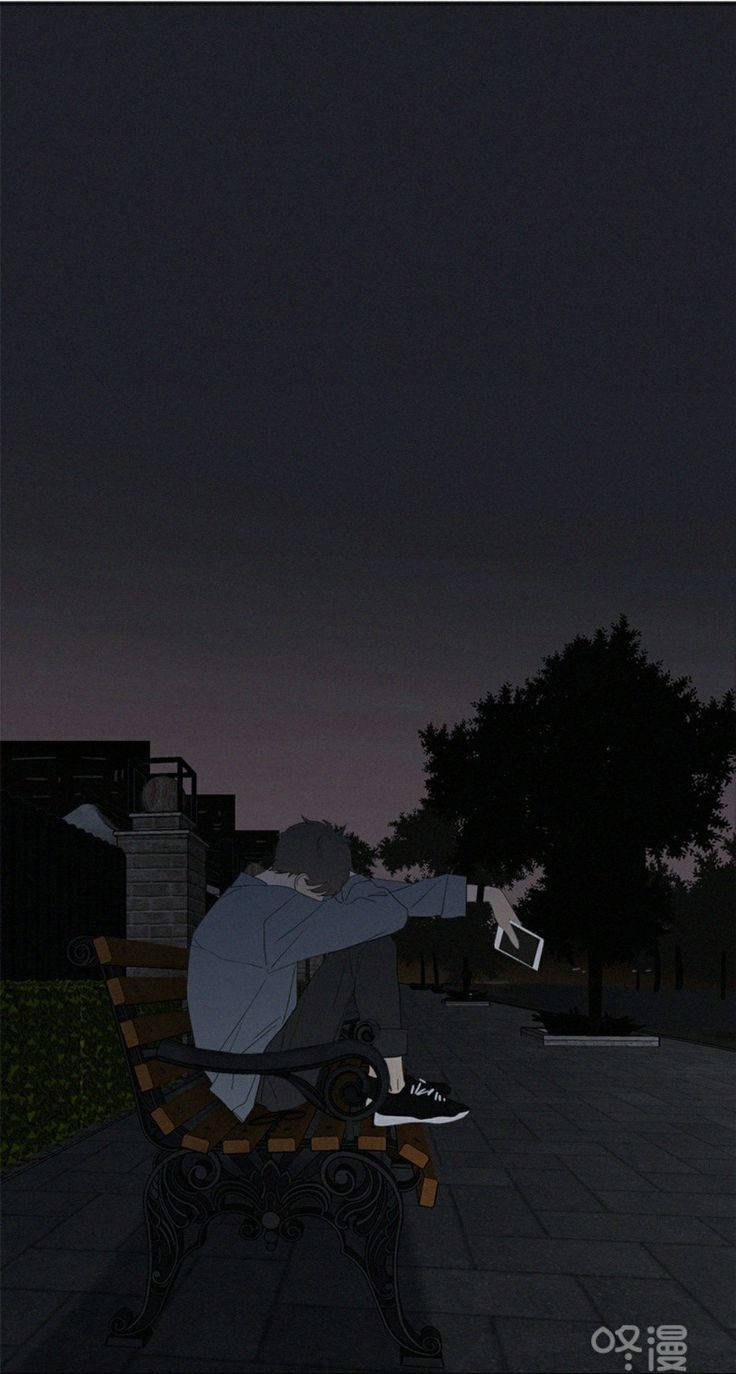 Estetică Anime Melancolică: O Figură Solitară pe o Bancă din Parc Fundal