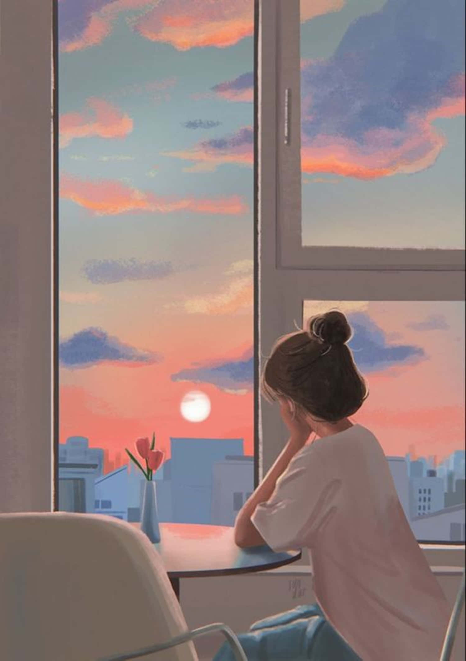 Estetică Calmă Anime Girl Apus de Soare Fundal