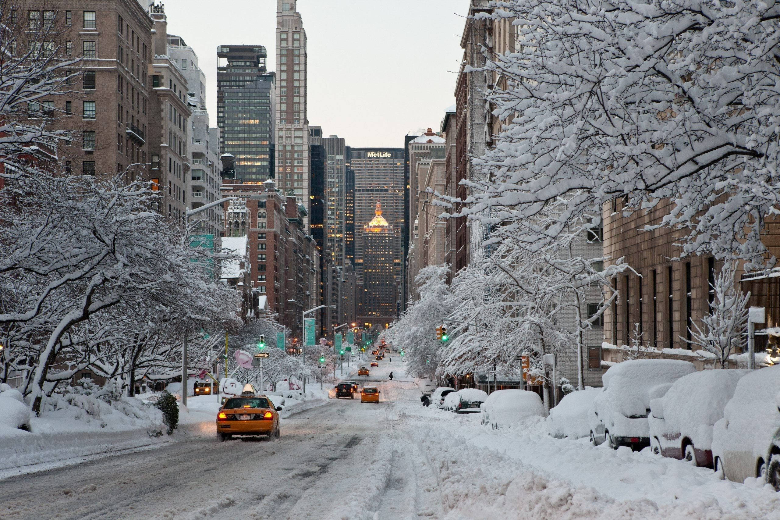 Estetică de iarnă în New York acoperit de zăpadă Fundal