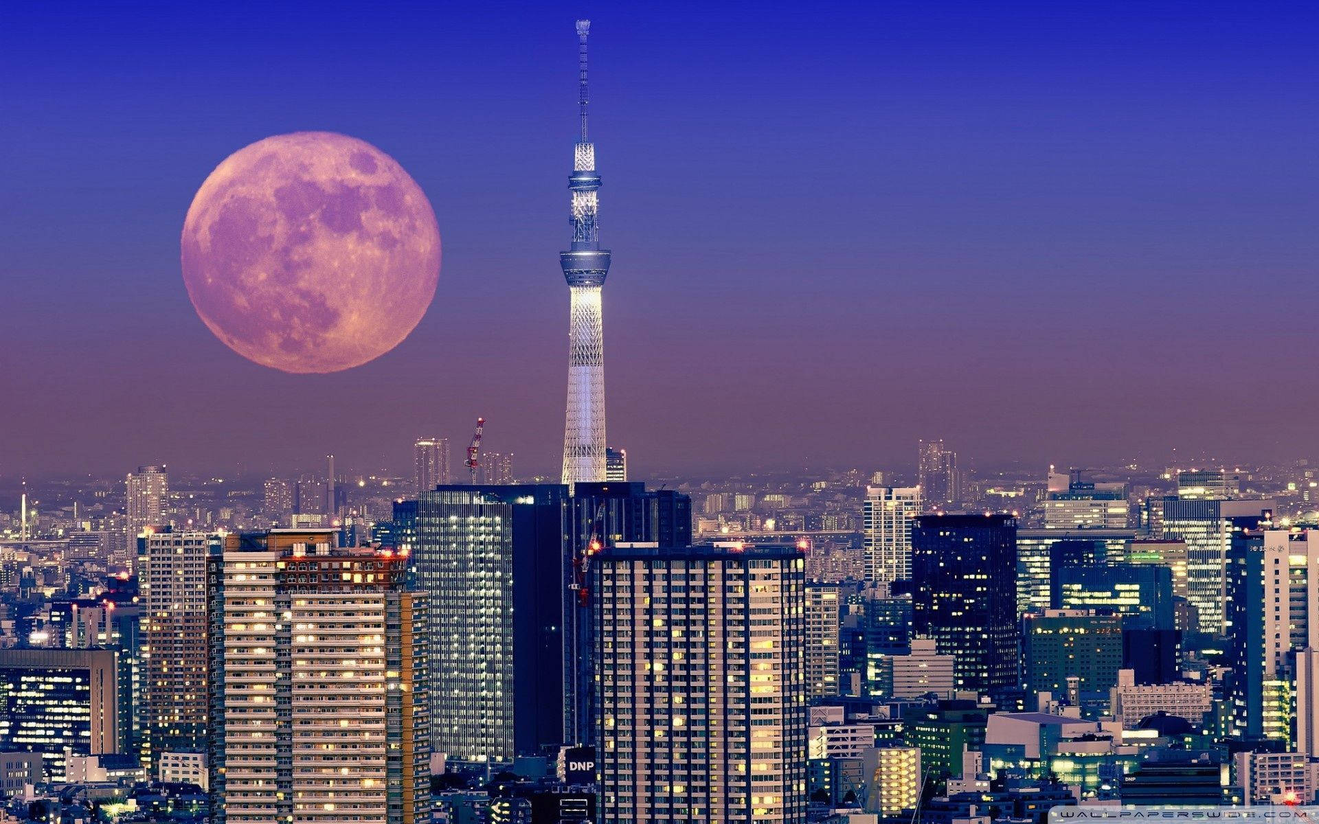 Estetică japoneză: Turnul Tokyo și luna pentru computer Fundal