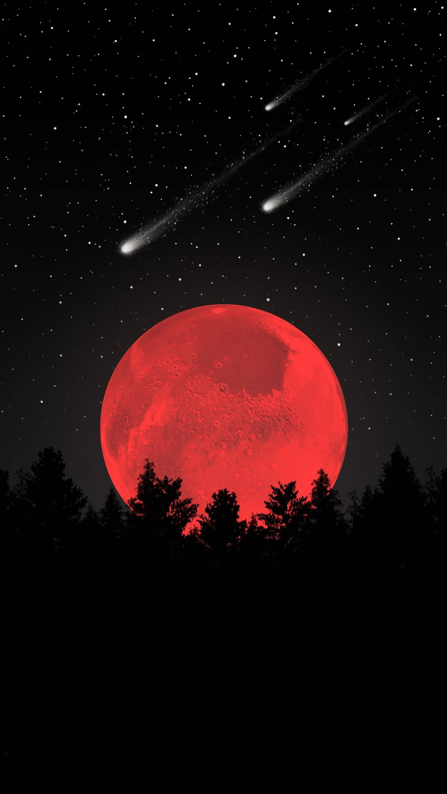 Estetică spațială cu lună roșie și meteor Fundal