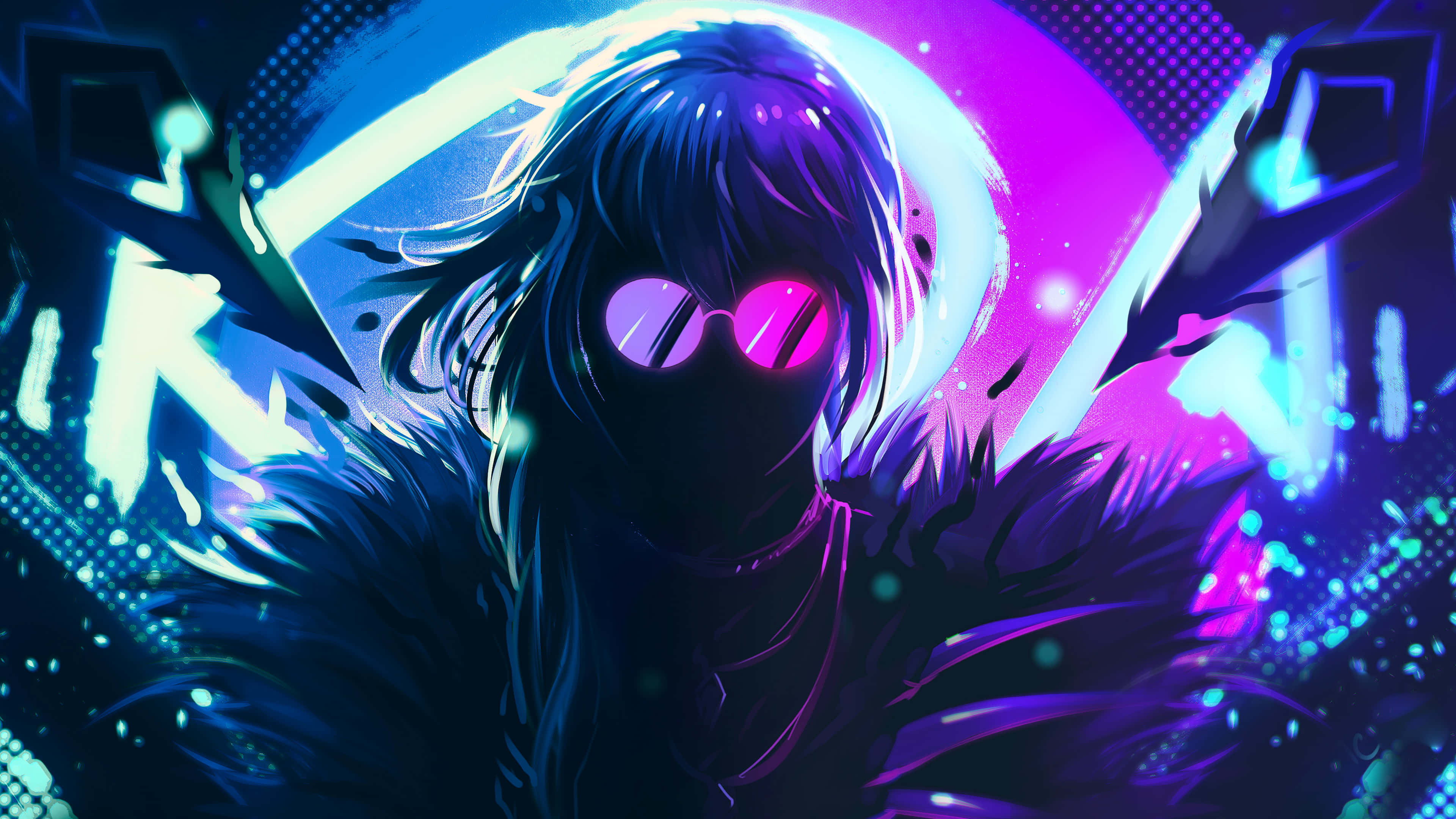 Evelynn League of Legends în mov și albastru neon Fundal