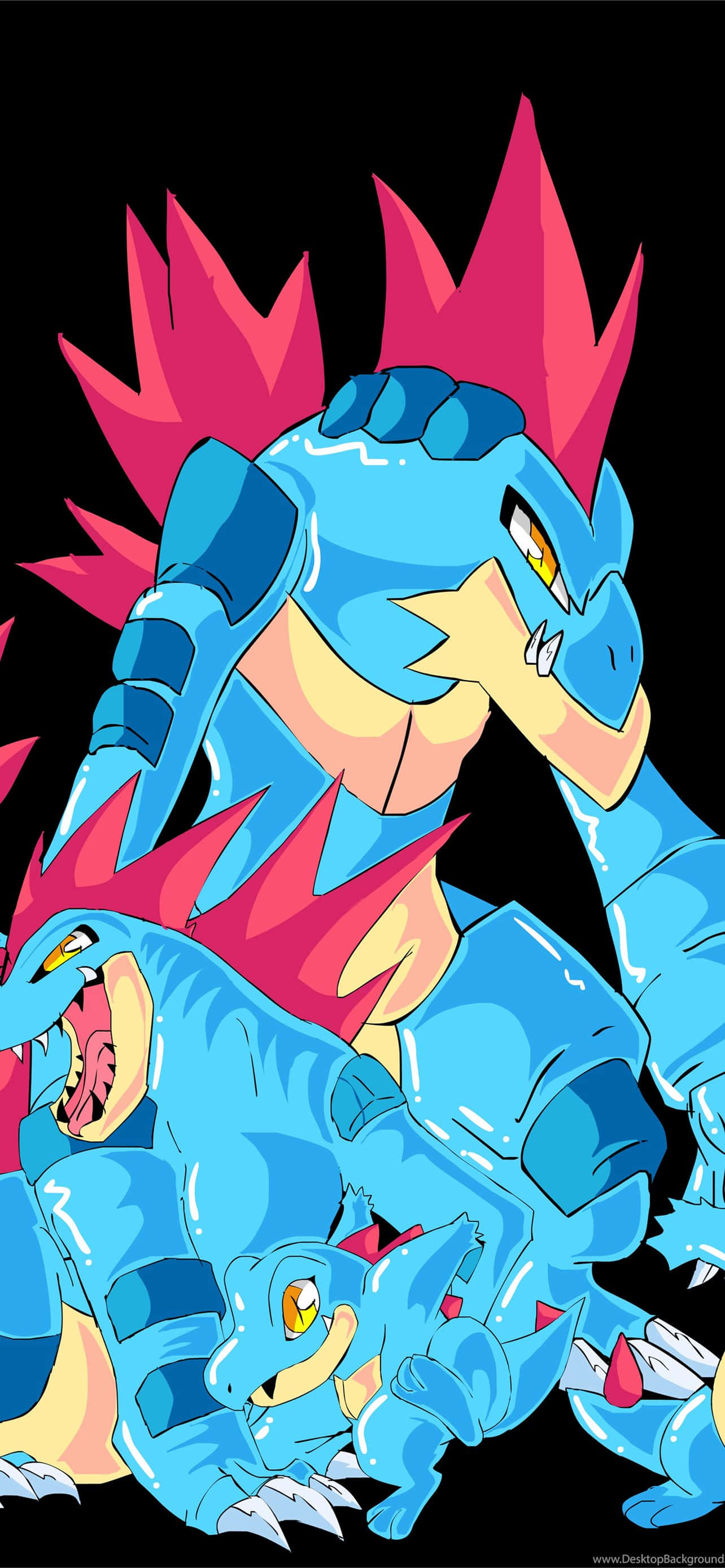Evoluția lui Totodile - Imagini cu Totodile, Croconaw și Feraligatr pe fundal negru Fundal