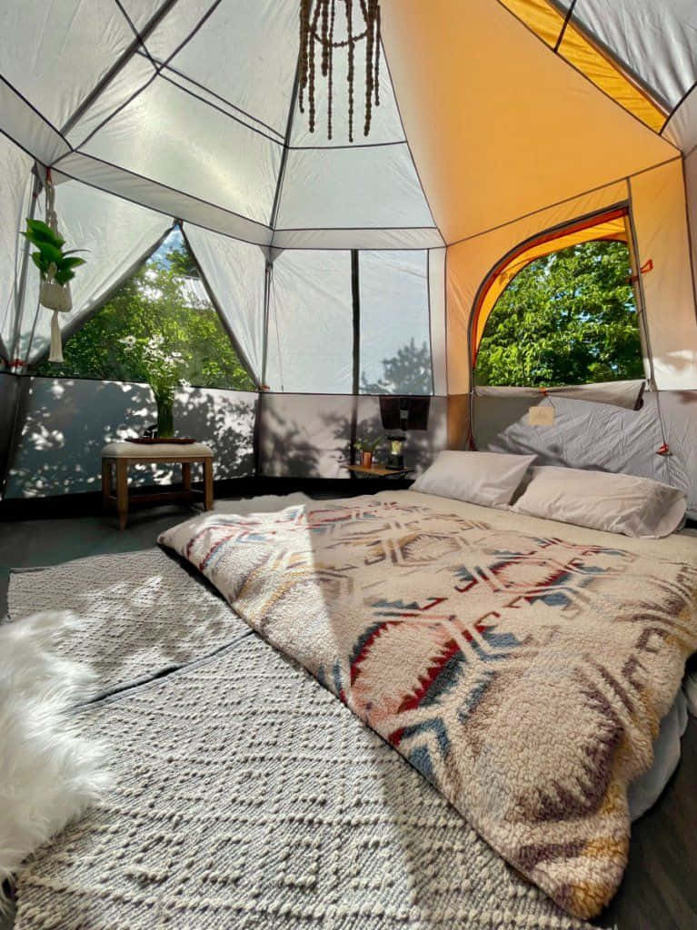 Experiență confortabilă de camping de iarnă sub un cer înstelat Fundal