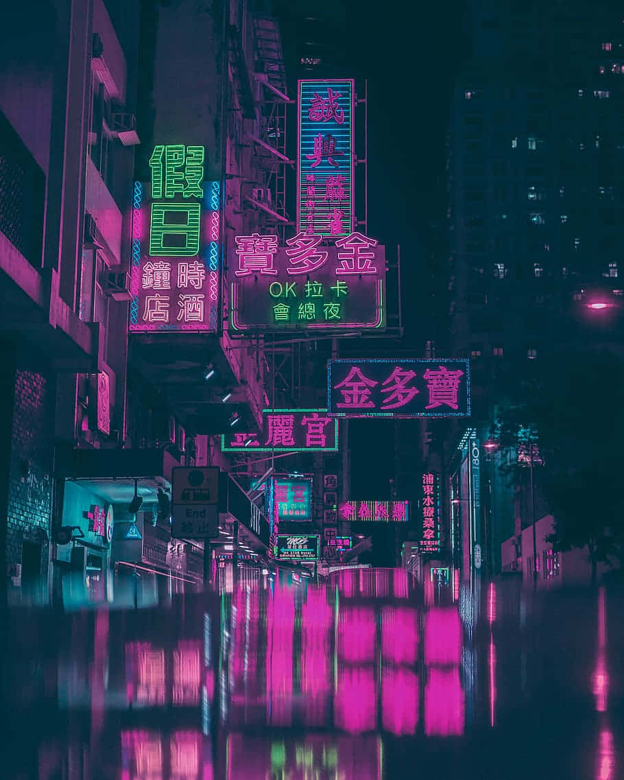 Experimentează vibrantul pe timp de noapte în Neon City Fundal
