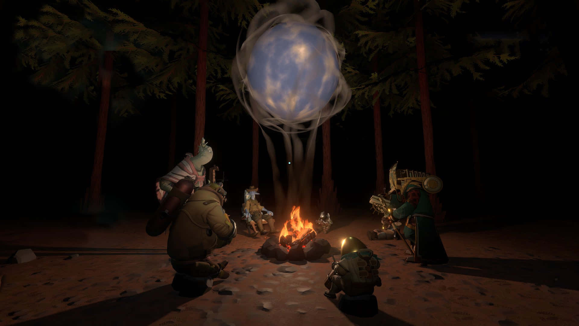 Exploratorii din Outer Wilds lângă un foc de tabără Fundal