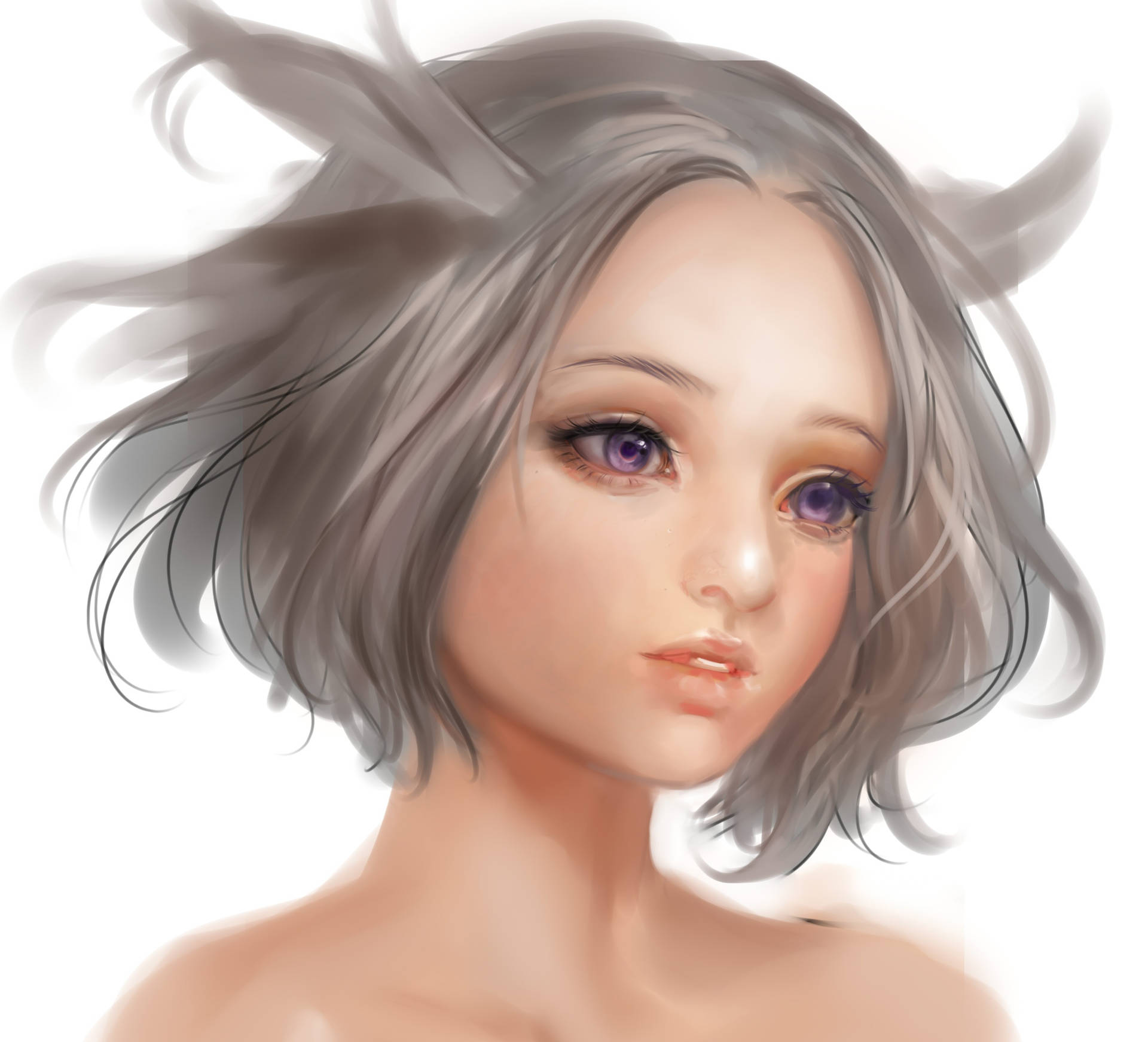 Fata anime artă digitală 3d wallpaper cu păr alb scurt și ochi mov — Anime Girl Fundal