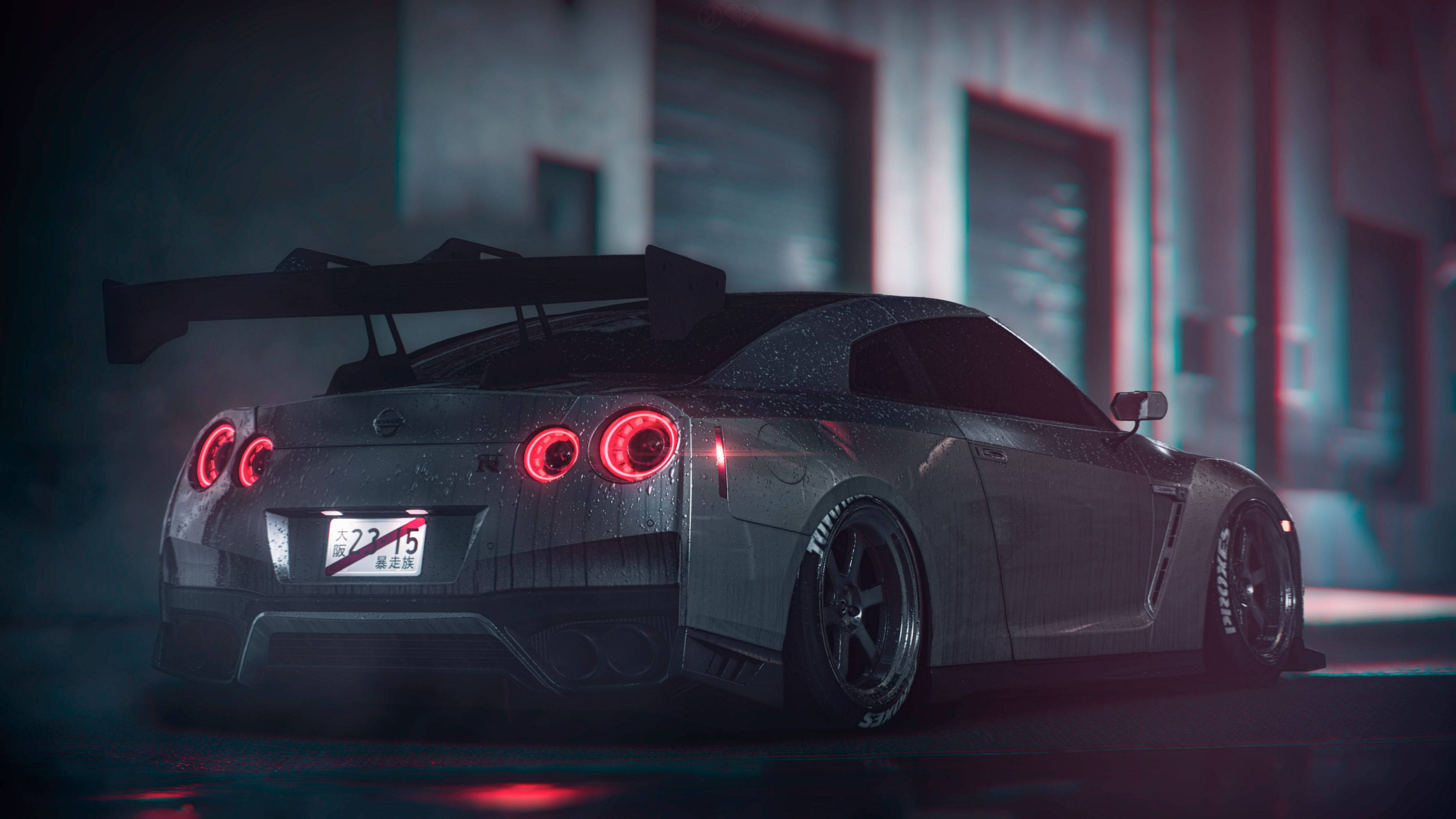 Faruri Pornite Pe Nissan GT R Gri 4K Fundal