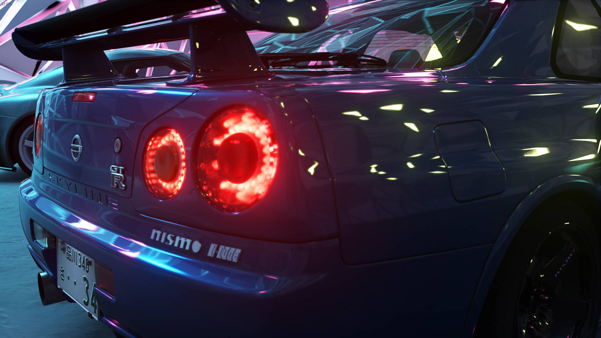 Faruri spate roșii Nissan Skyline GTR R34 Fundal