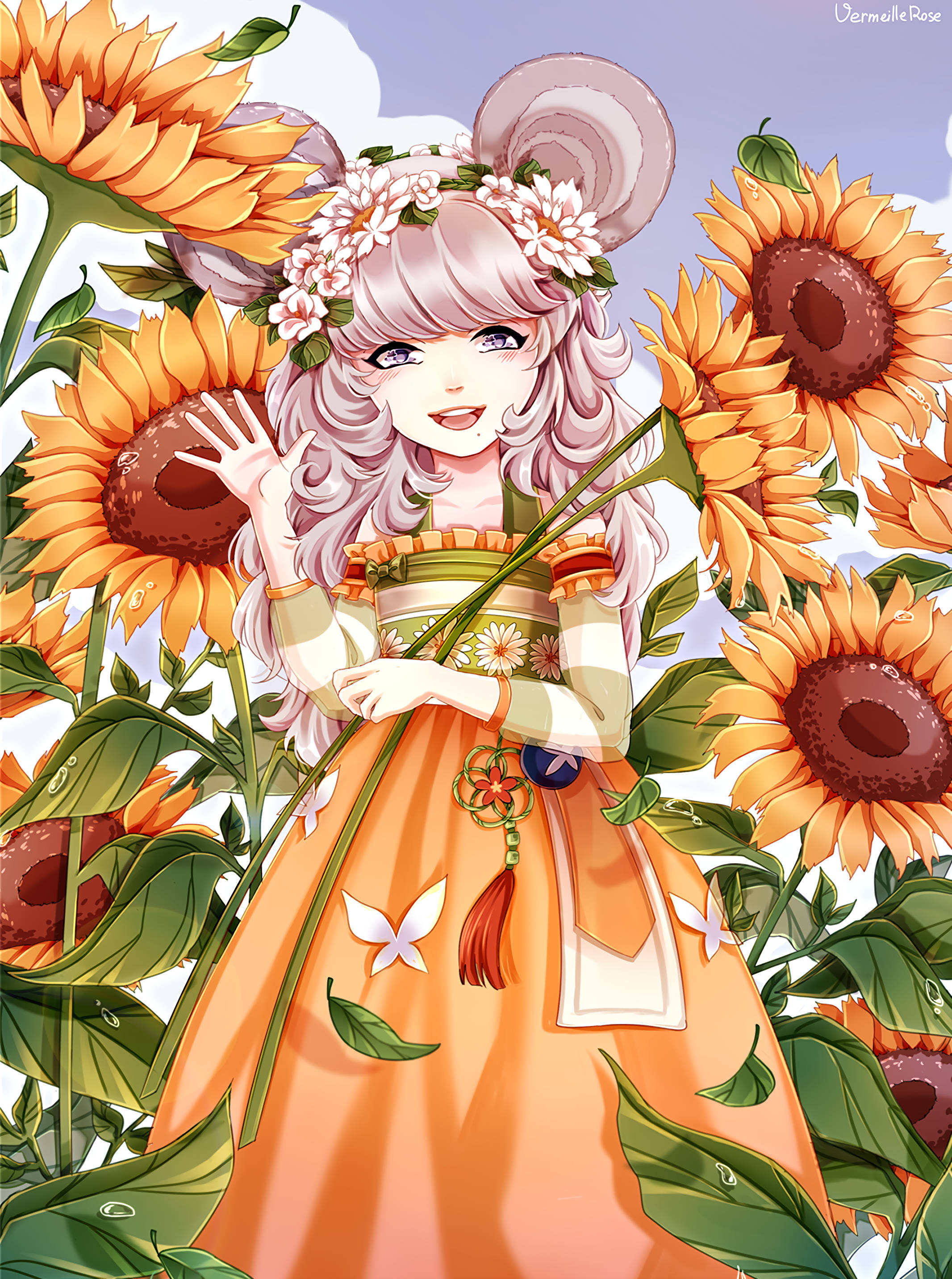 Fata Anime Art în Câmpul de Floarea-Soarelui Fundal