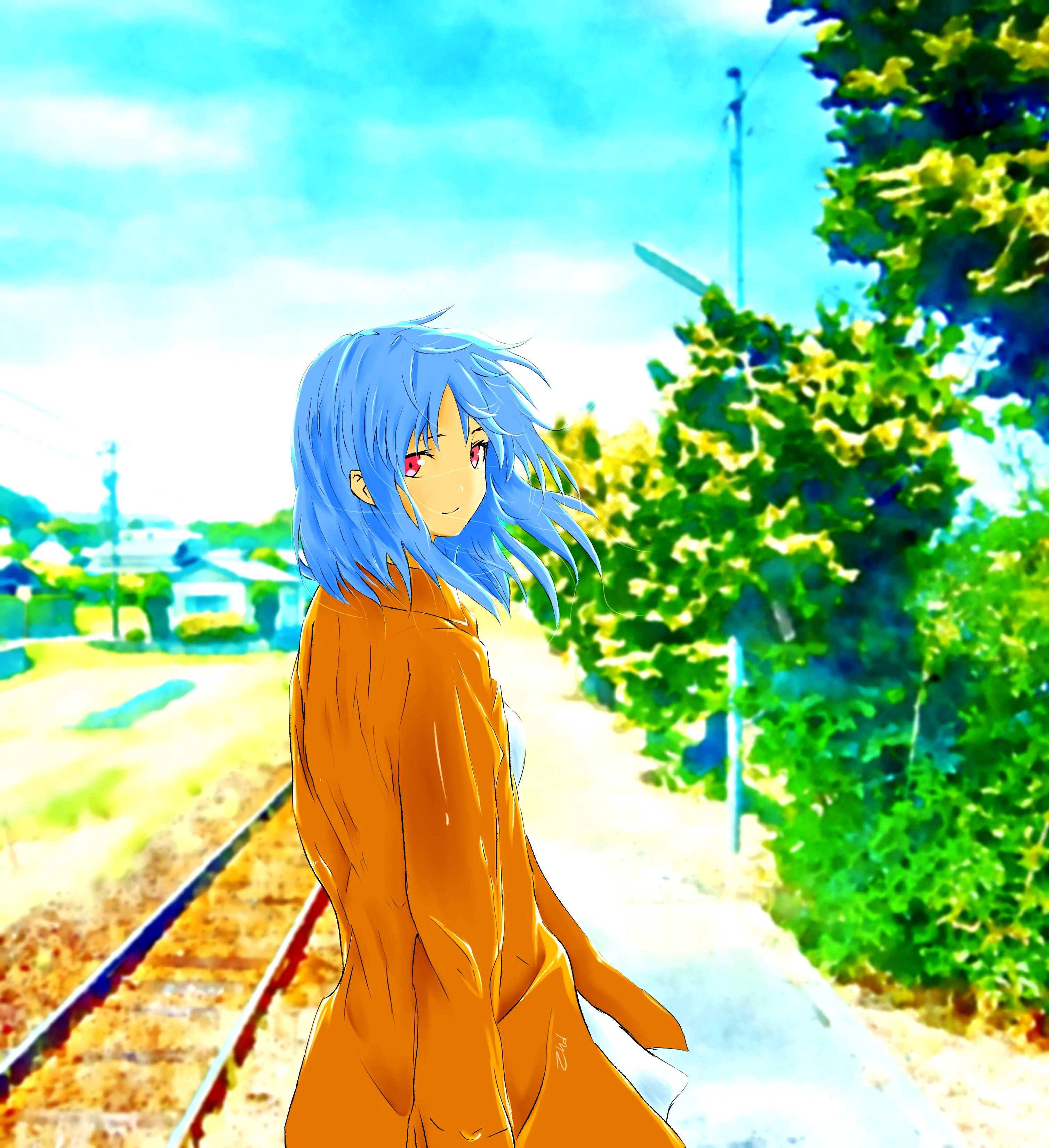 Fată Anime Art Lângă Calea Ferată Fundal