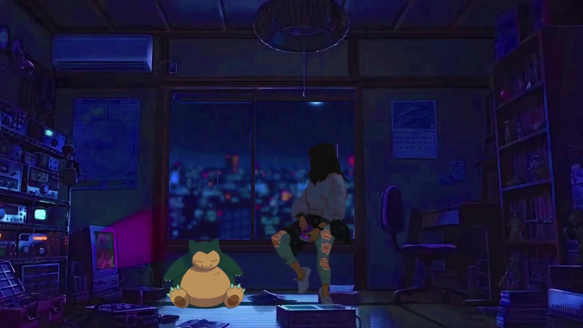 Fată anime așezată pe fereastră în cameră Fundal