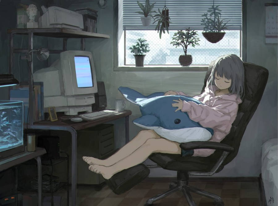 Fata anime care doarme în fața laptopului Fundal