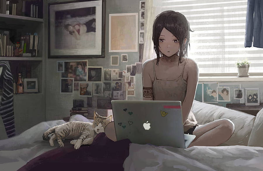 Fată anime care lucrează cu laptopul pe pat Fundal