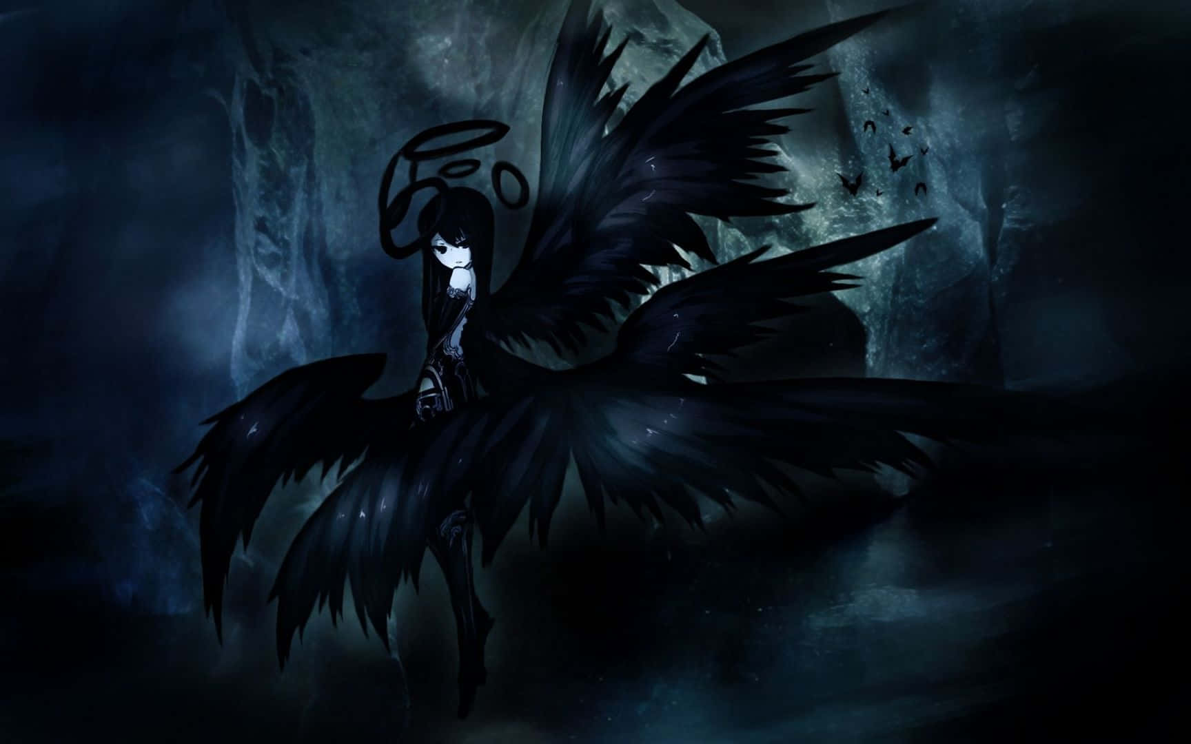 Fată anime cu aripi negre estetică PC Fundal