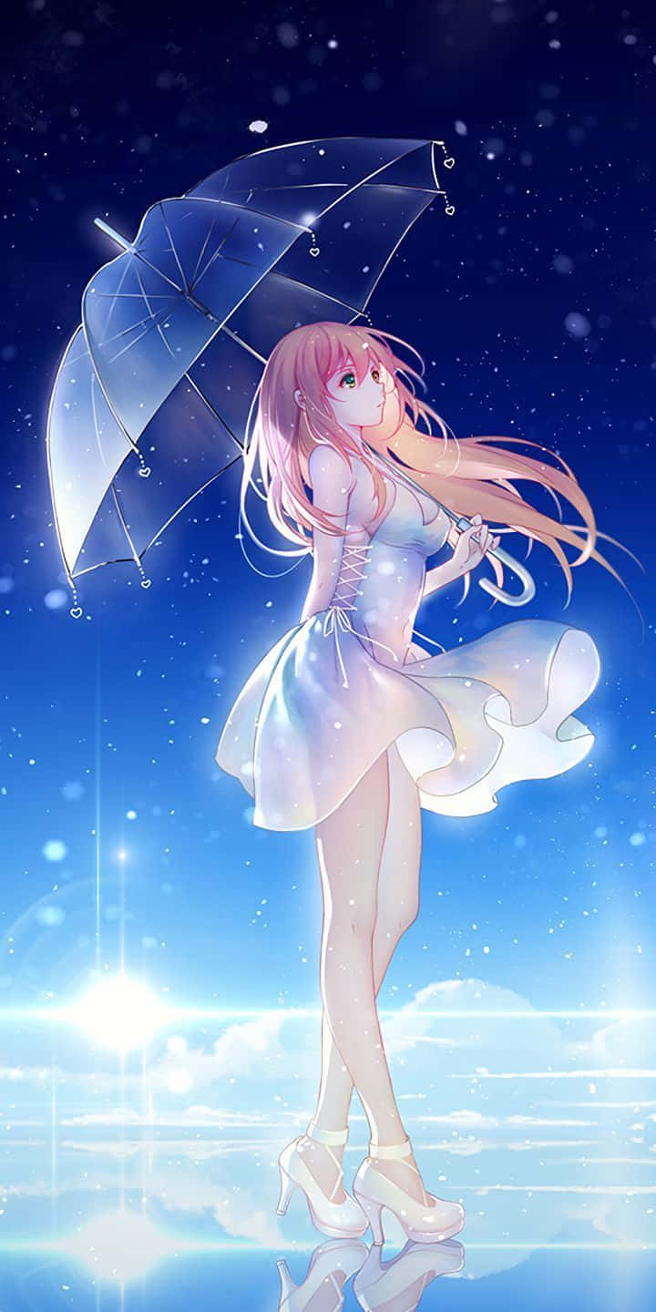 Fata anime cu umbrela transparenta pentru iPhone 12 Fundal