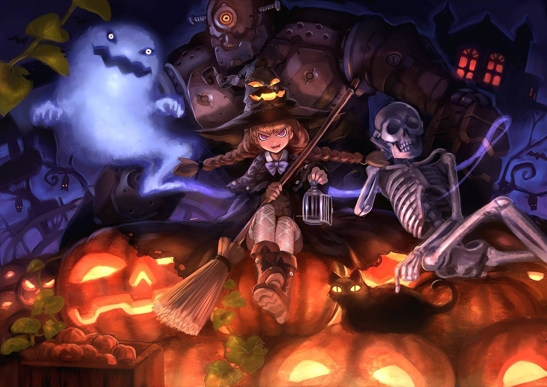 Fată anime de Halloween petrecând cu fantomă, schelet, robot Fundal