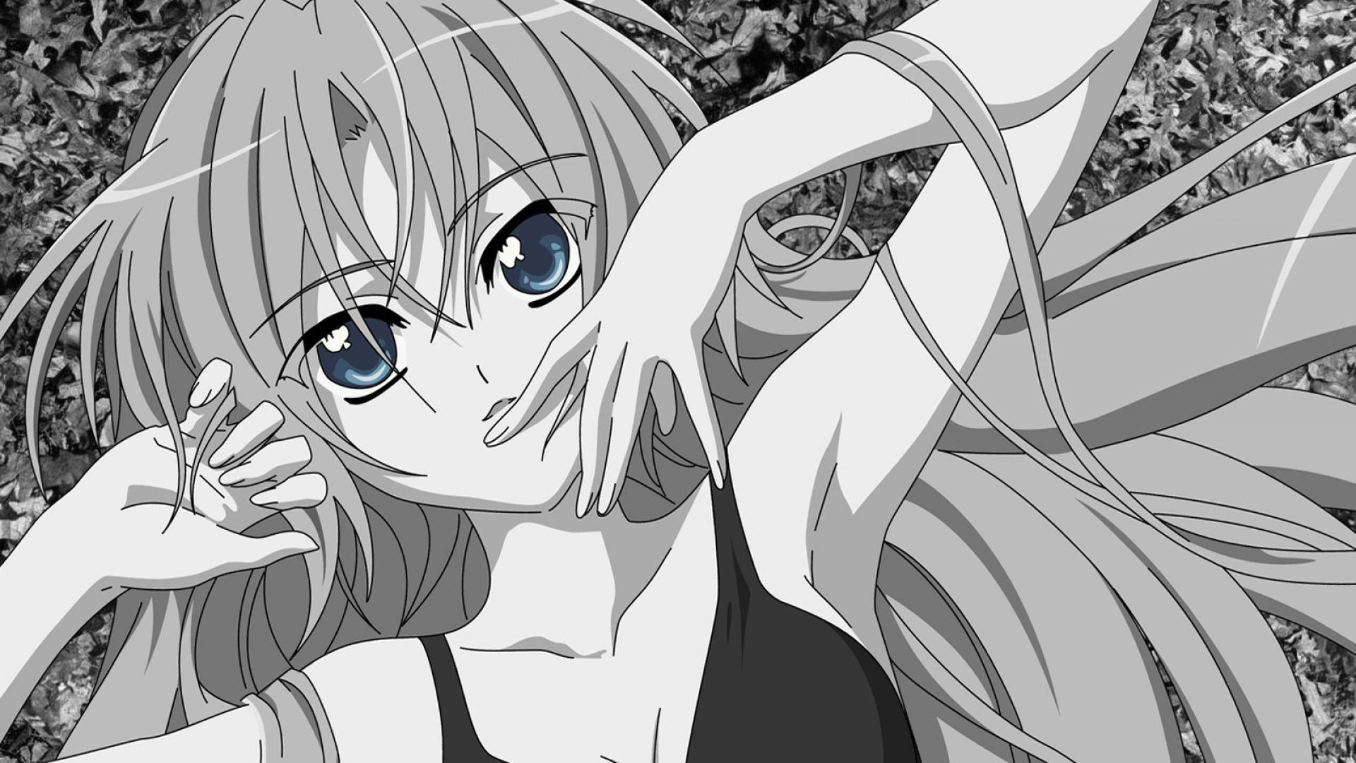 Fată anime estetică alb-negru drăguță cu ochi albaștri Fundal