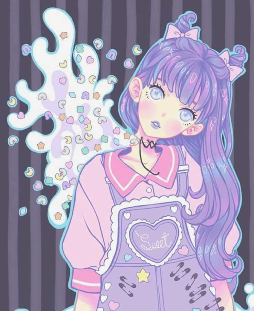 Fată anime goth pastel în salopetă Fundal