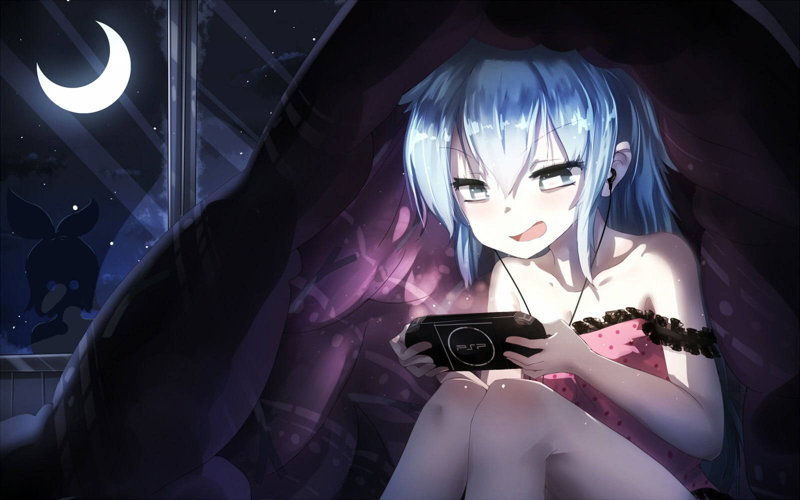 Fată anime jucându-se cu PSP noaptea Fundal