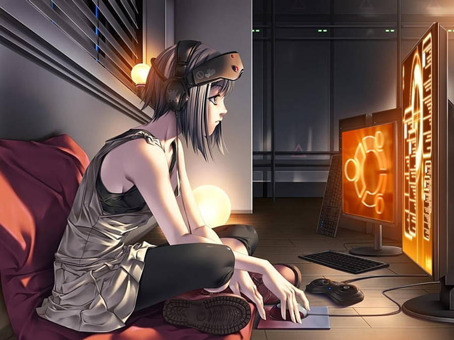 Fata anime privind aproape de ecranul laptopului Fundal