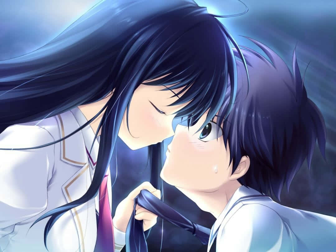 Fata anime romantică trăgând cravata băiatului Fundal