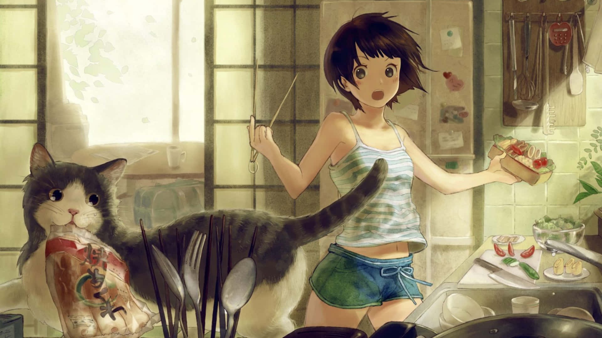 Fata Anime Speriată Fundal Bucătărie 1920x1080 Fundal