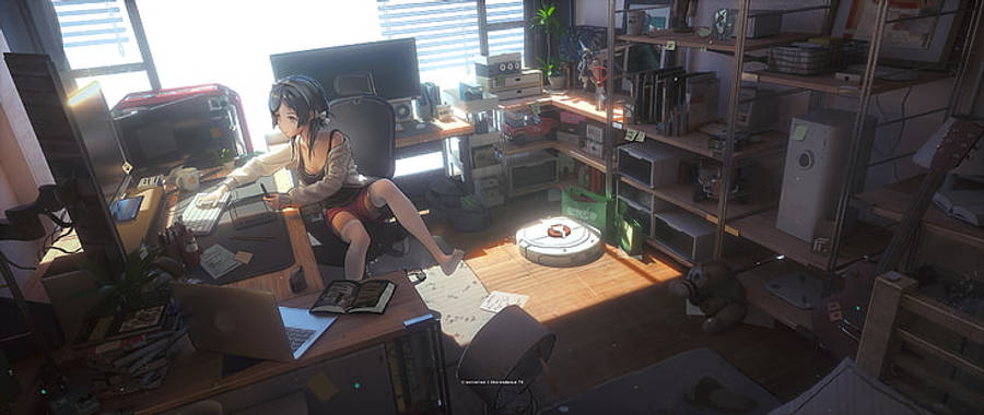 Fata anime stă confortabil lucrând la laptopul ei Fundal