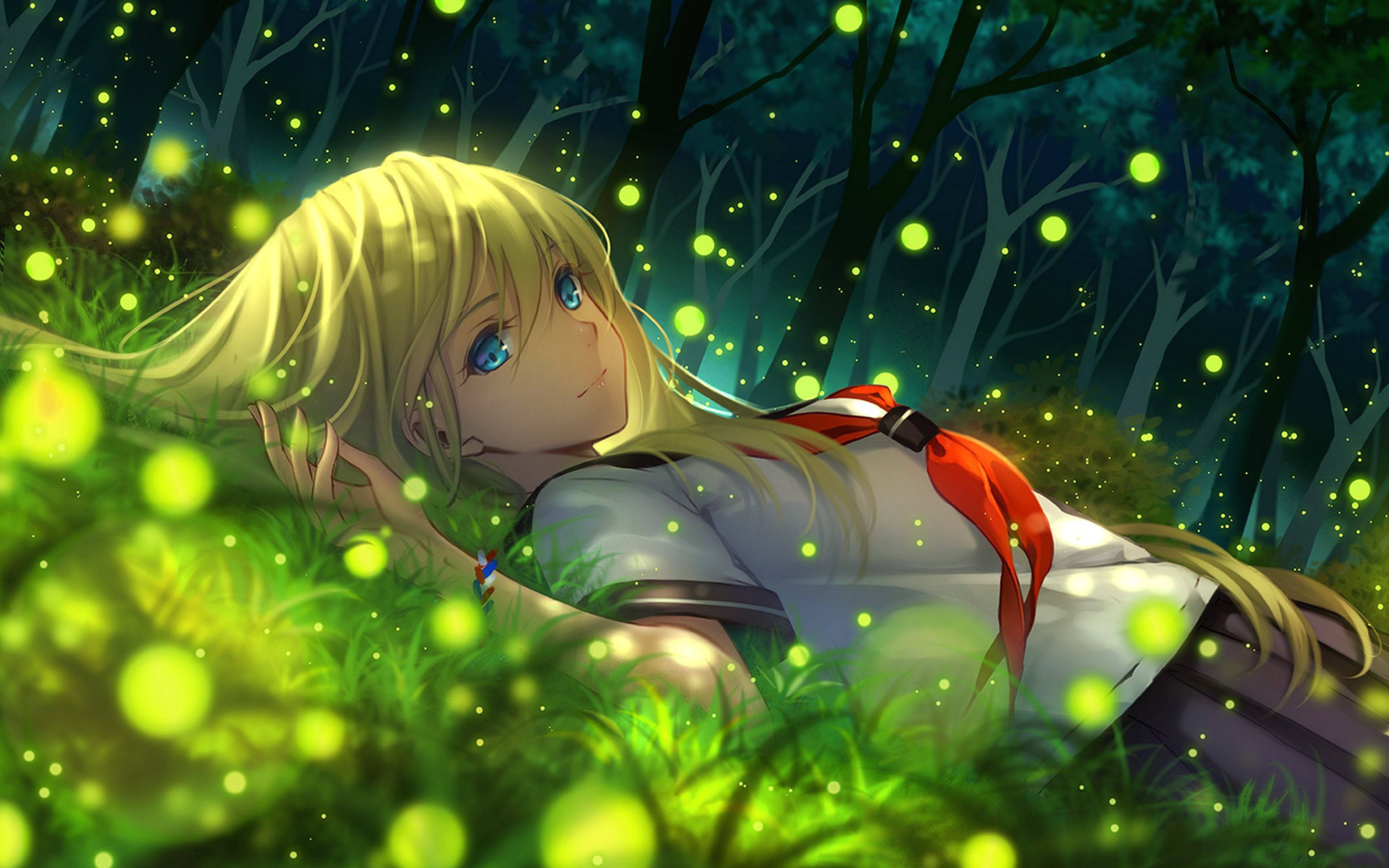 Fată Anime Stând Printre Orbi Luminoși Fundal