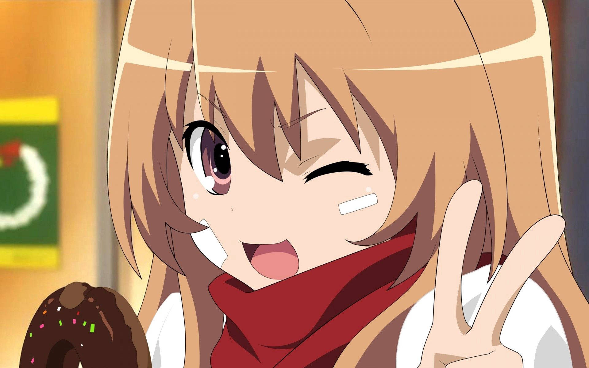 Taiga Aisaka din Toradora selfie cu semnul păcii wallpaper — Anime Girl Fundal