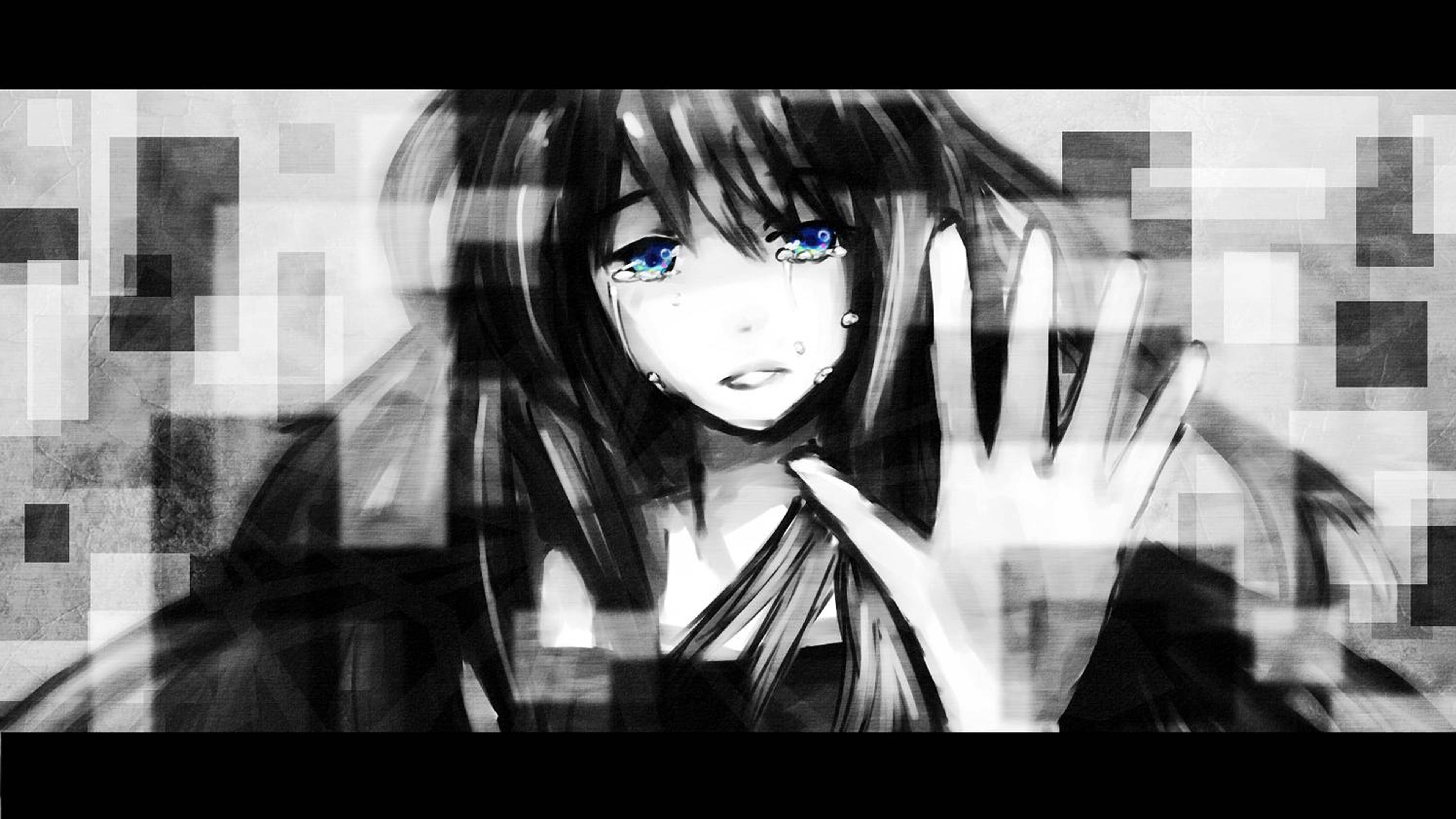 Fată anime tristă 4K plângând și ridicând mâna Fundal