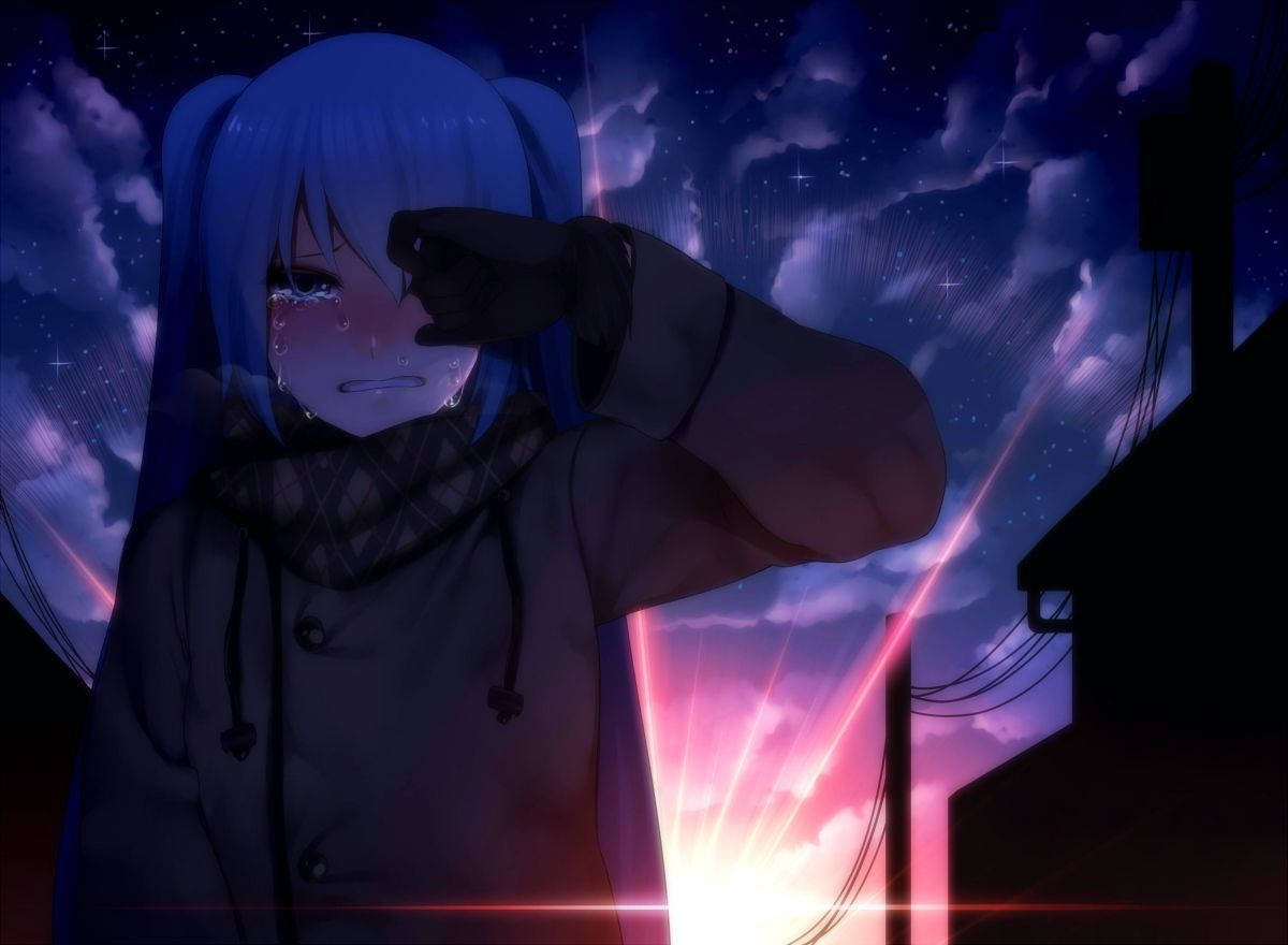Fată anime tristă la apus estetic Fundal