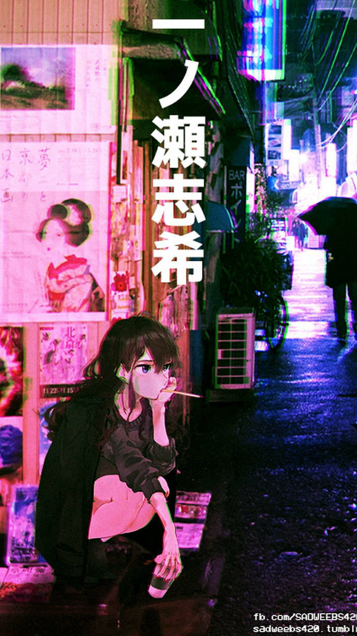 Fată anime tristă în oraș japonez estetic Fundal