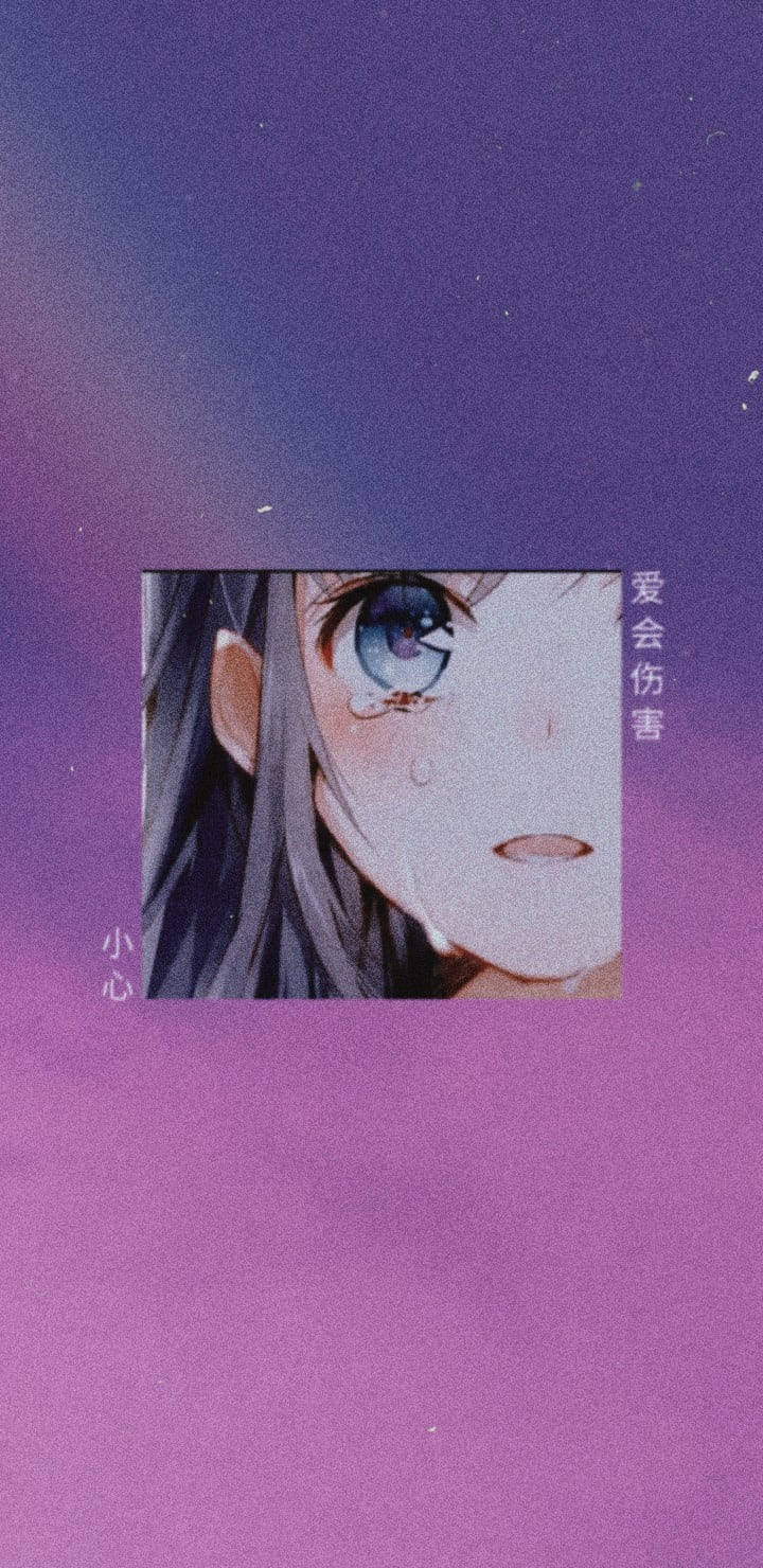 Fată anime tristă, estetică, în mov și roz Fundal