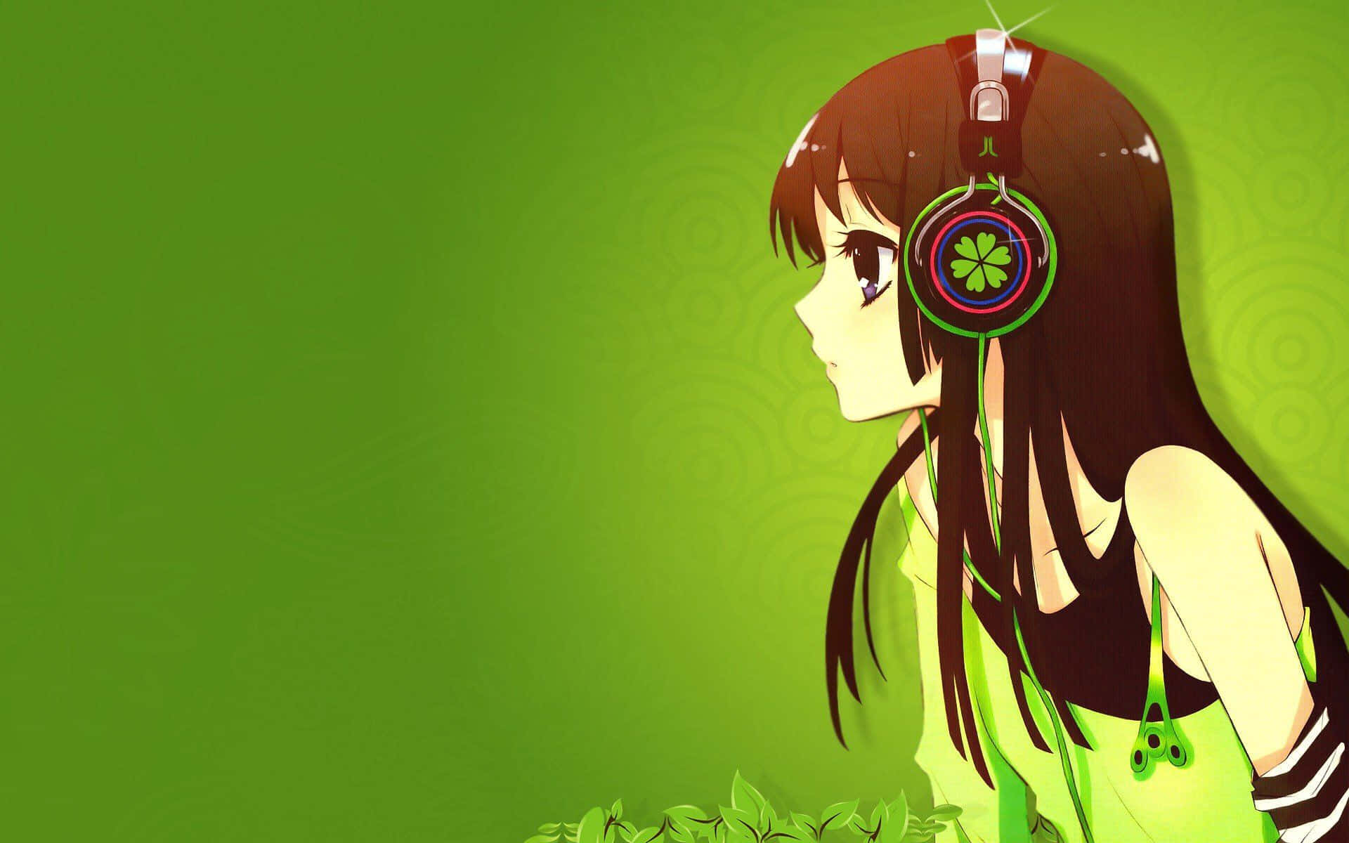 Fata anime verde drăguță cu căști Fundal