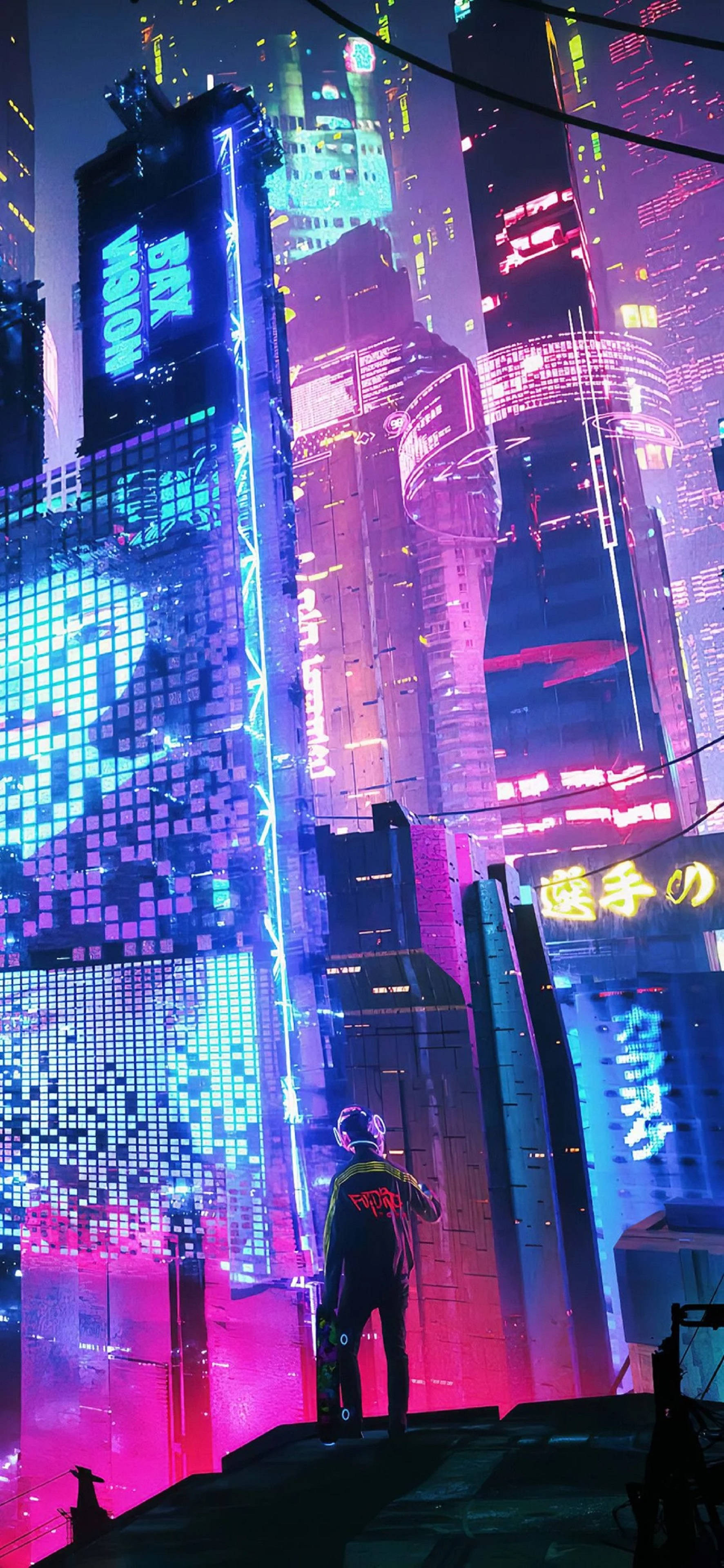 Fata cu neon pe iPhone în Orașul Neon 4K Fundal