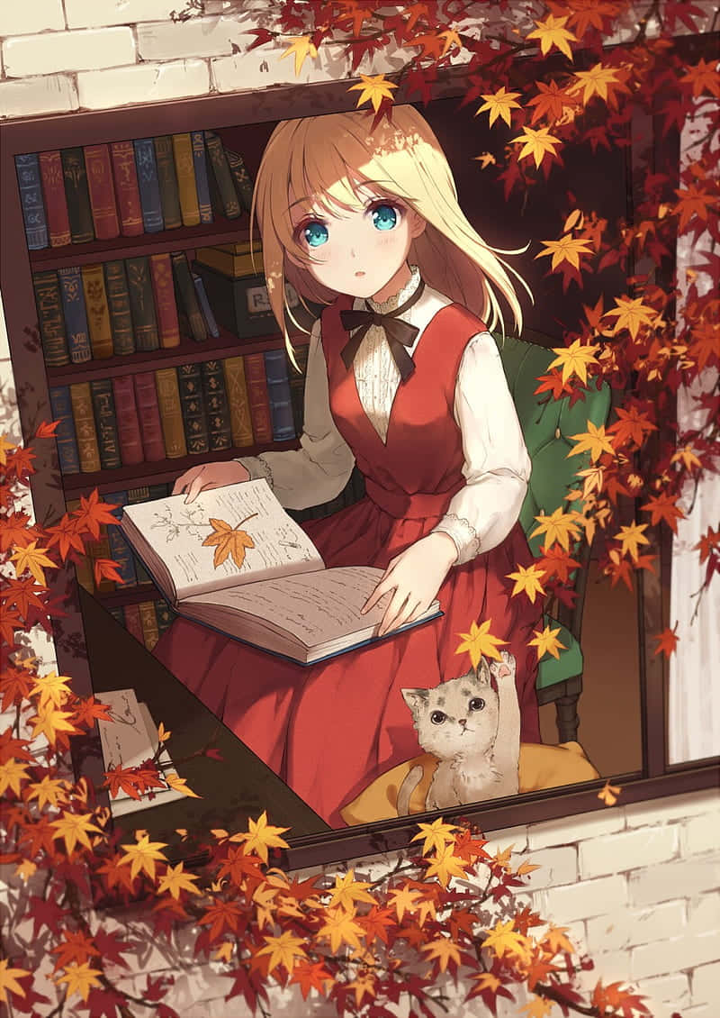 Fata cu pisica și frunze de arțar toamna anime Fundal