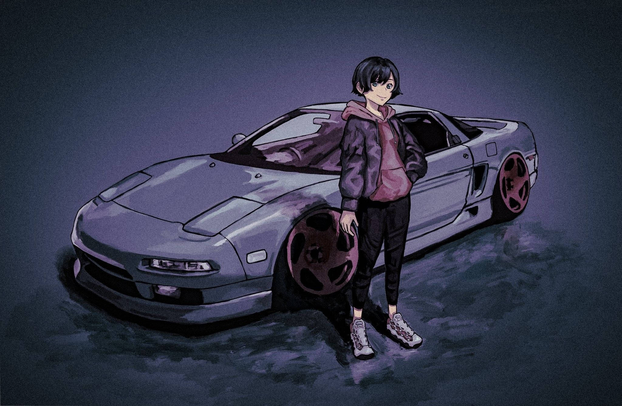 Fată în hanorac lângă mașină anime Fundal