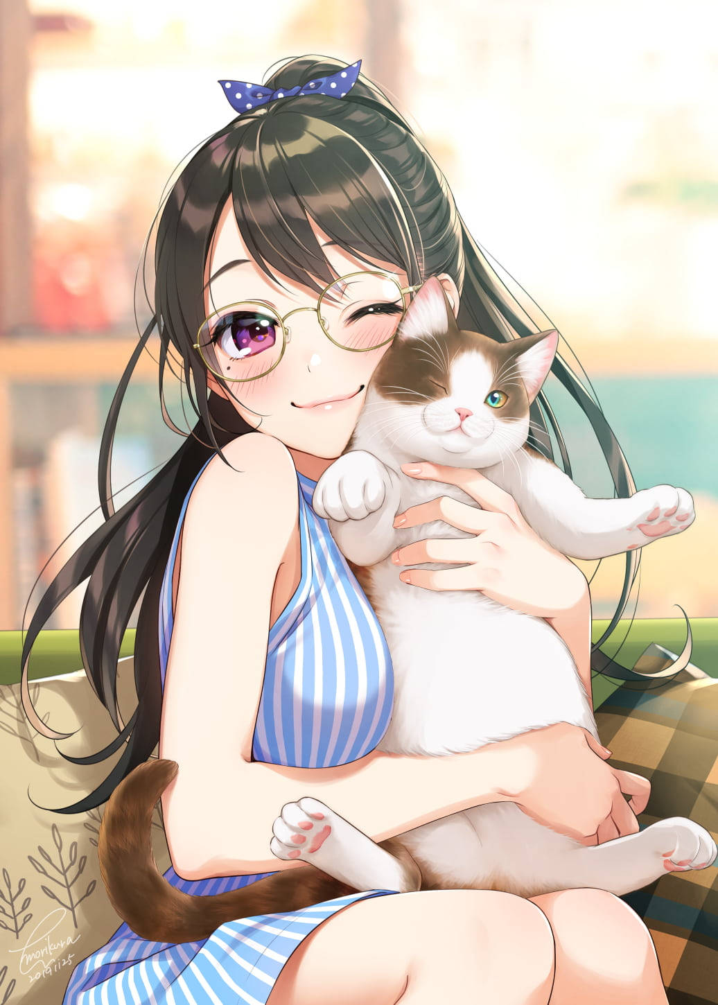 Fată Kawaii Anime Drăguță și Pisica Fundal