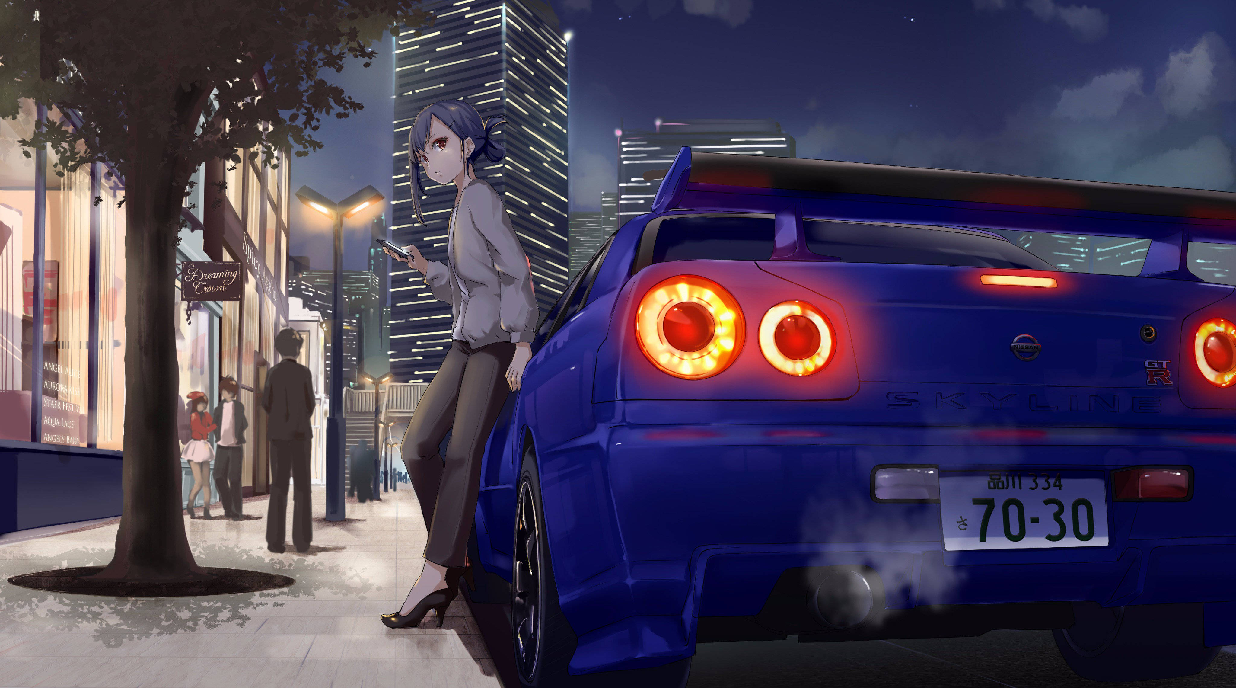Fată sprijinită de o mașină Nissan Skyline Anime Fundal