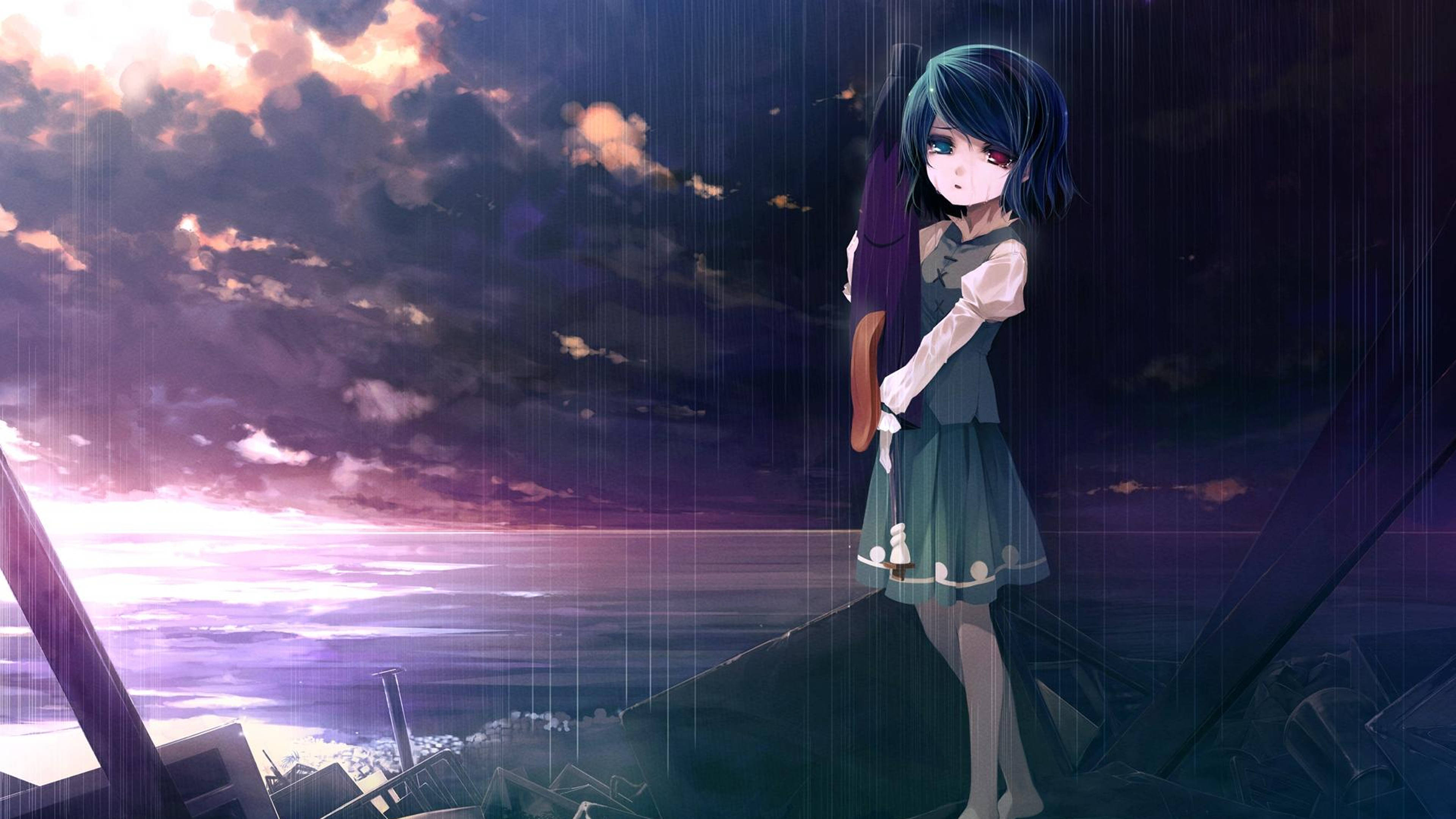 Fată tristă anime 4K cu un ochi roșu plângând Fundal
