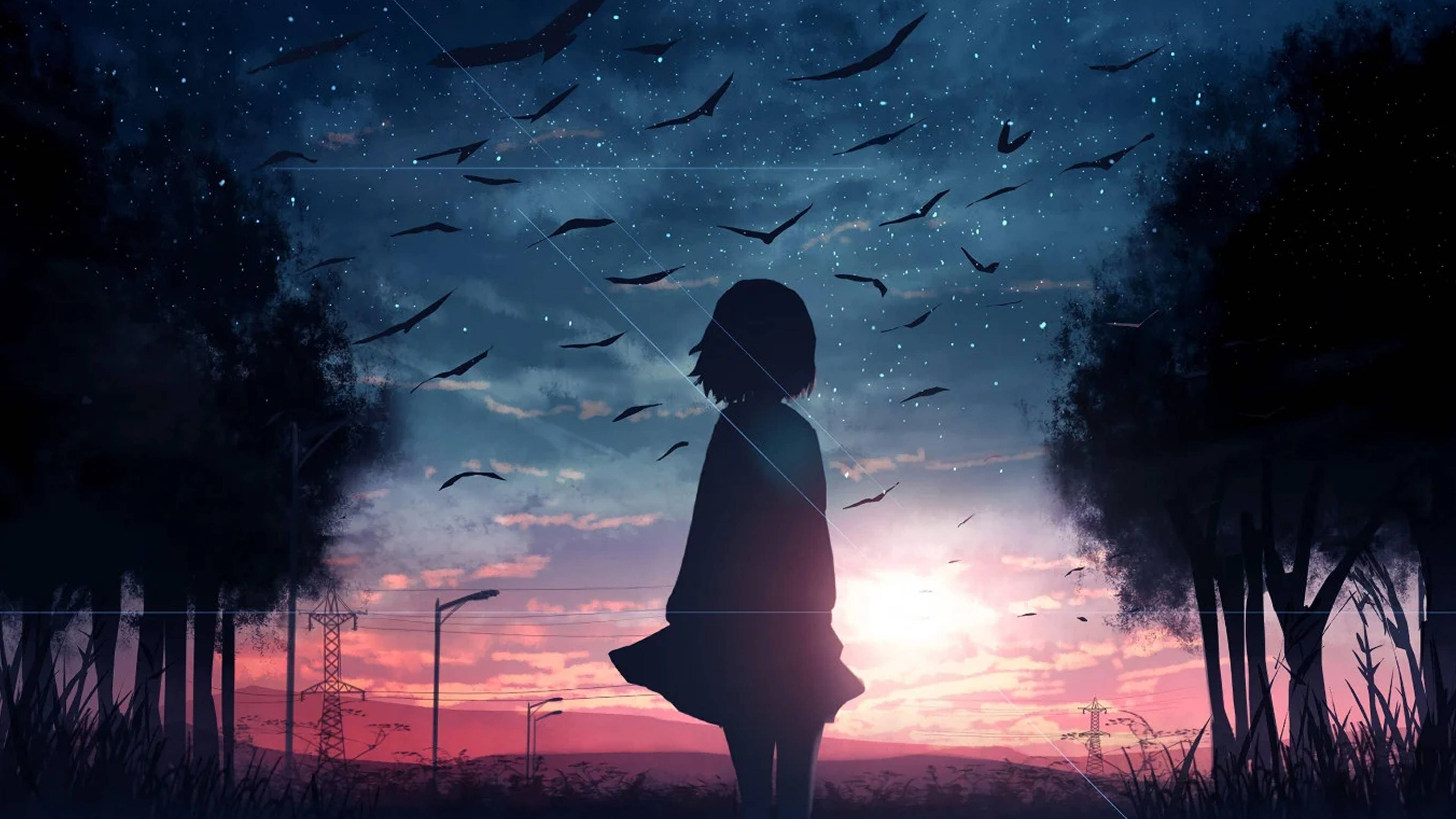 Fată Tristă Anime 4K Privește Cerul Fundal