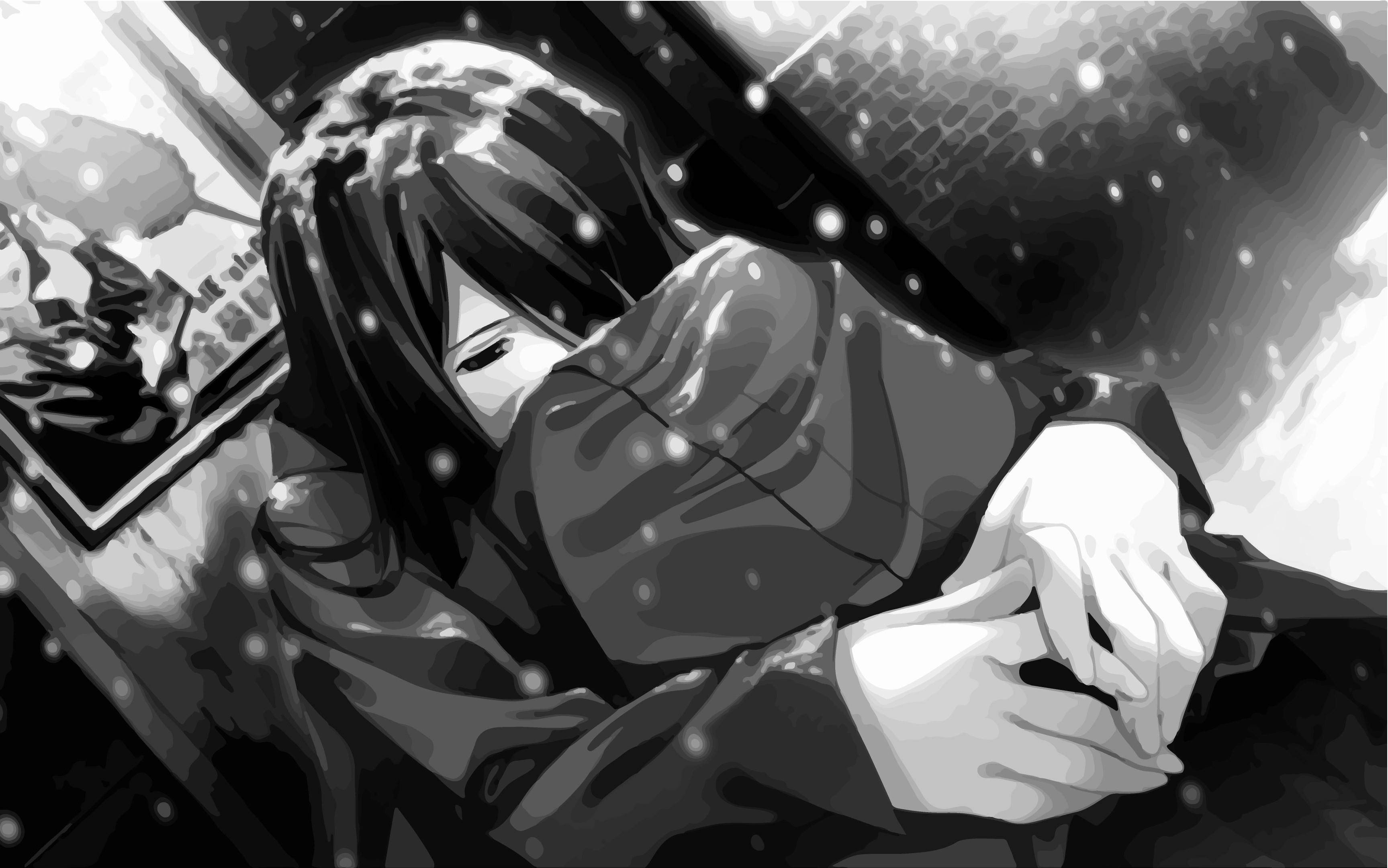 Fată tristă de anime care plânge, alb-negru, pentru desktop Fundal