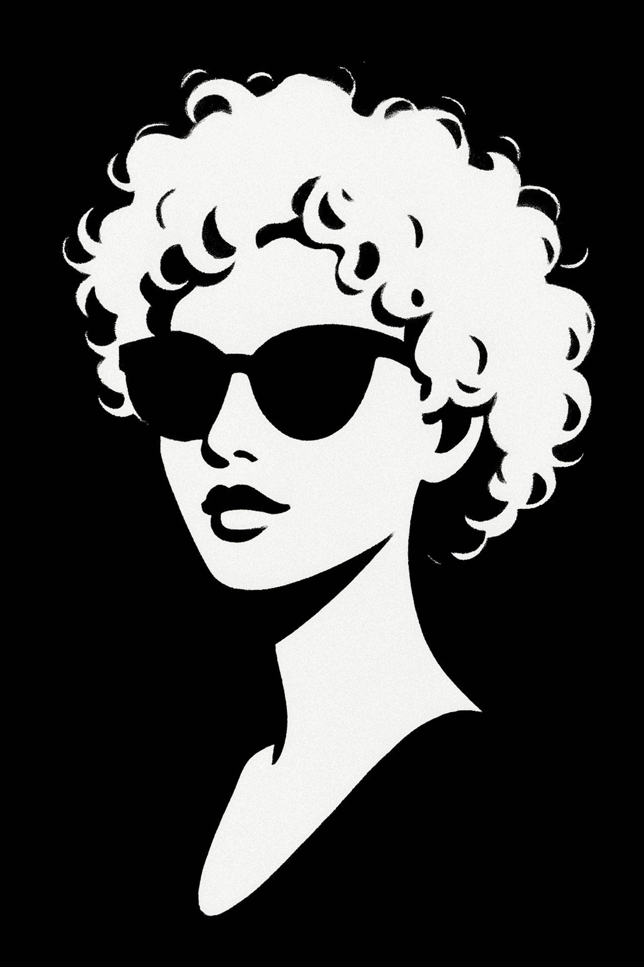 Ochelari de soare, păr creț, femei, fundal alb-negru, estetică alb-negru, siluetă, estetică albă, estetică neagră, estetică femei cu ochelari de soare, estetică fată