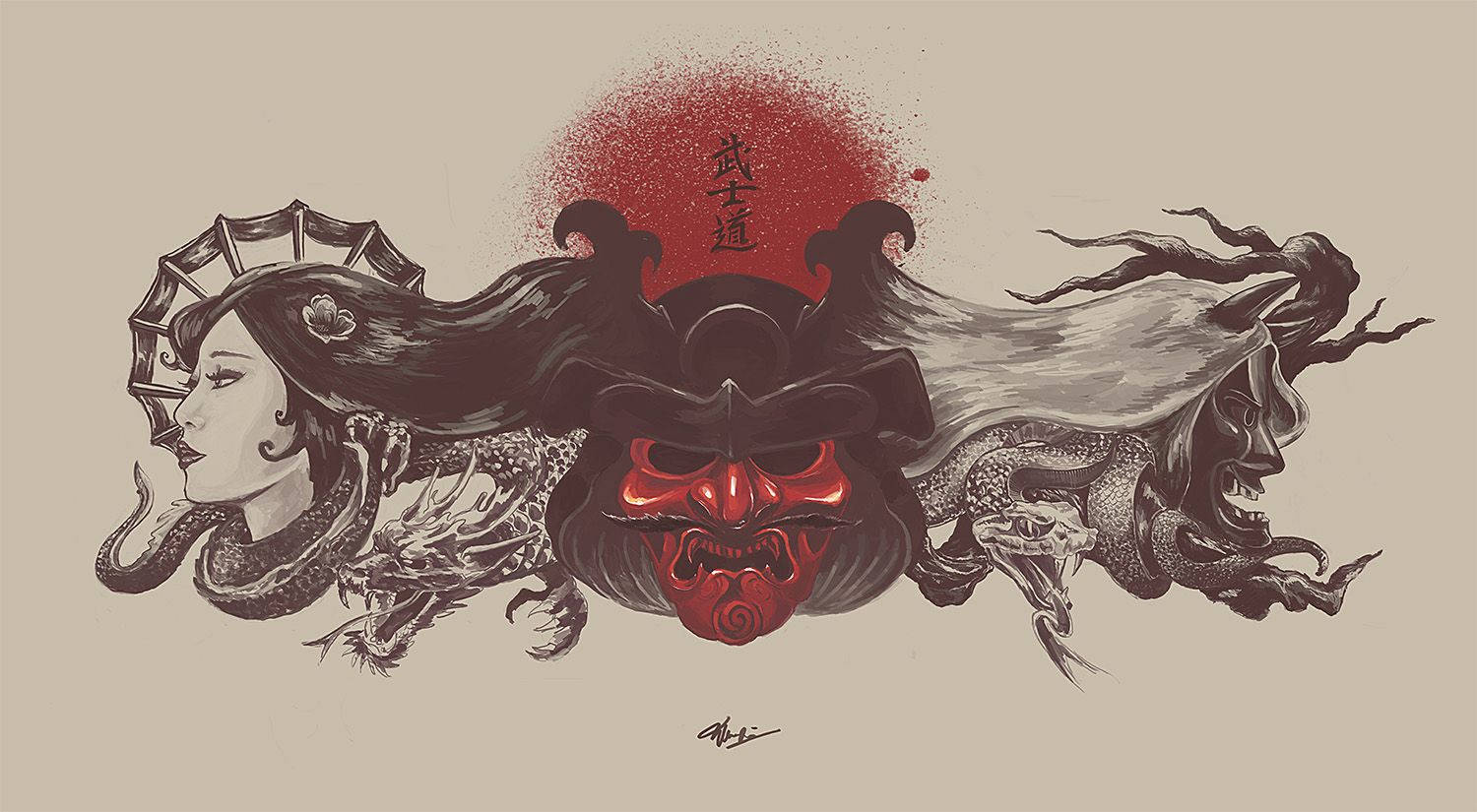 Femeia samurai japoneză și demonul Fundal