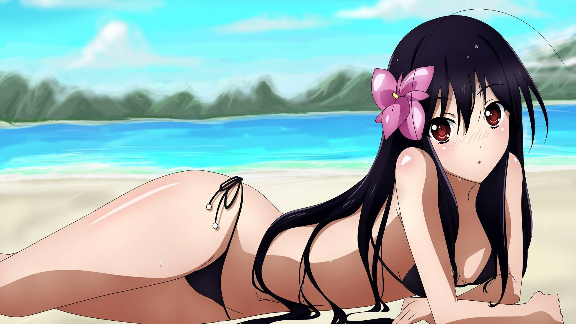 Femeie Anime în Bikini pe Plajă Fundal