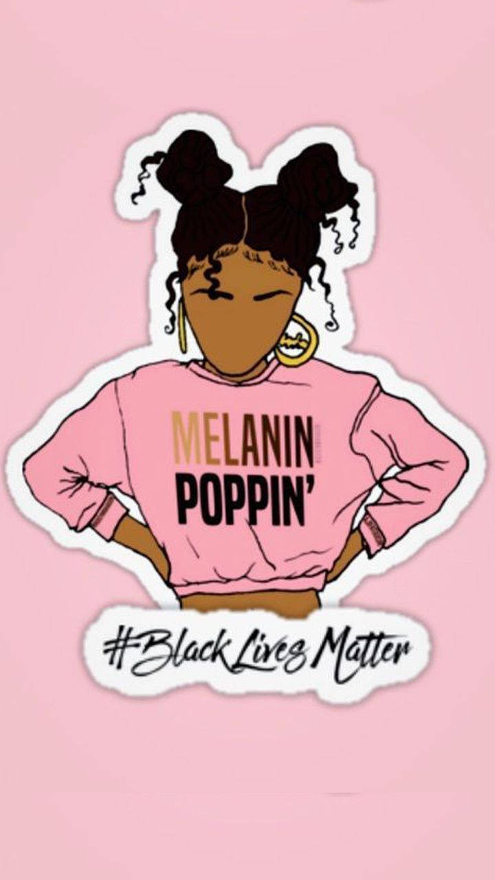 Femeie de culoare într-un hanorac cu textul Melanin Poppin' Fundal